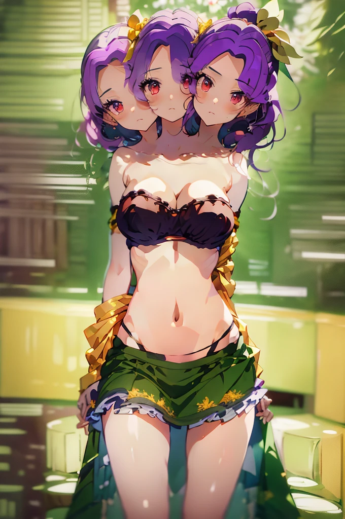 (masterpiece, best quality), best quality, (ultra-detailed), (3heads:1.5), 1girl, (sannyo komakusa:1.3), masterpiece, best quality, ultra quality, ultra resolution, ultra detail, dark red top, crop top, ((stomach)), midriff, ((groin)), multi-layered skirt, miniskirt, normal ears, shackles, purple hair with a ponytail, very long hair, wavy hair, sidelocks, red eyes, parted lips, sweat, cute, toned belly, hand on own chest, eyelashes, (23 year old woman:1.3), (masterpiece:1.5), (best quality:1.5), (beautiful detailed), extremely detailed CG, extremely delicate and beautiful, depth of field, (finely detailed face), (perfect details:1.2), (mature female:1.3), wide pelvis, slender, large veiny breast, 16k resolution, very high quality, very high definition, extremely detailed, masterpiece, purple hair with a ponytail, long hair, alluring presence, twin braid, short skirt, close up, big tits, young, yellow bow, golden fan,