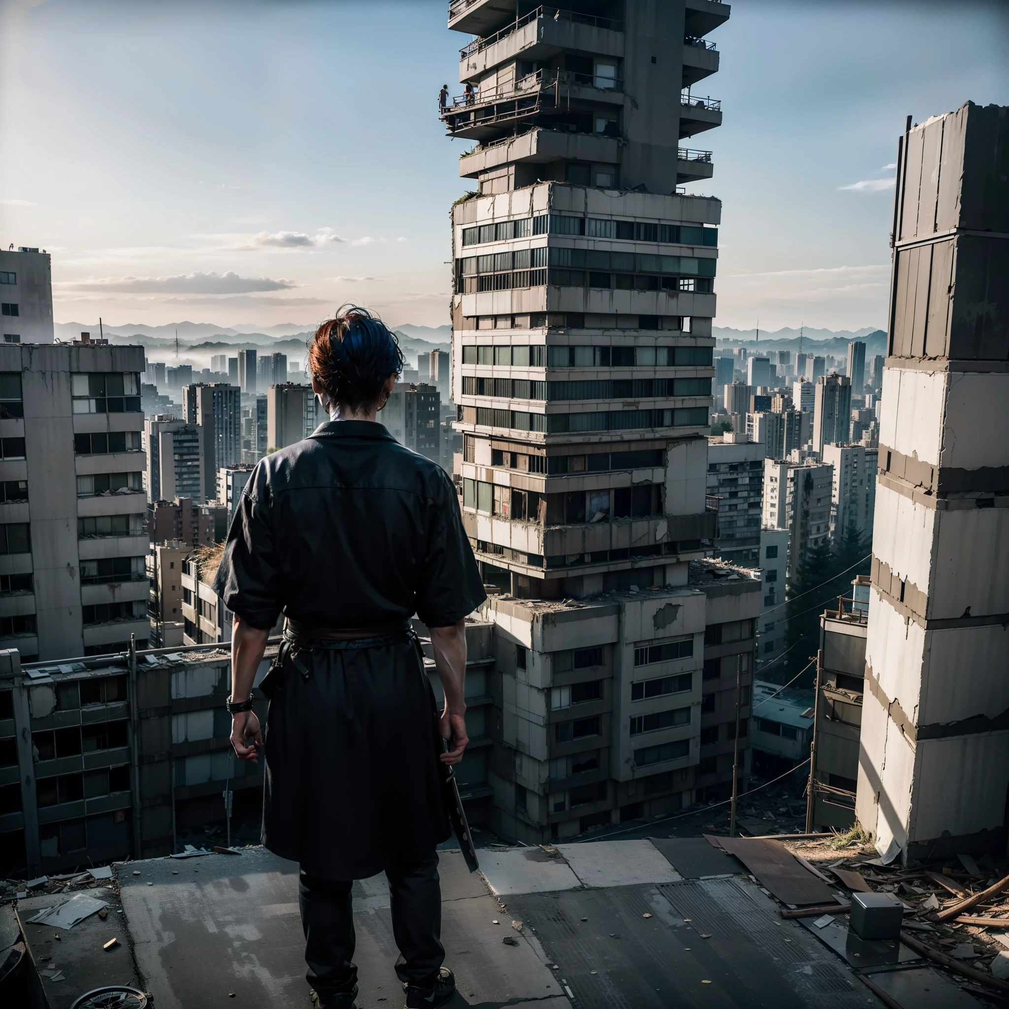 OVERHEAD VIEW, HYPER REALIST, A LONELY samurai, STANDS ON TOP OF A BUILDING LOOKING OVER A POST-APOCALYPSE RUINED AS DESTROYED TOKYO CITY, THE VEGETATION HAS ALREADY TAKEN OVER THE ENTIRE CITY AND THE CITY LOOKS TOTALLY ABANDONED, HOSTILE ENVIRONMENT, VISUAL IMPACT, STYLE THE LAST OF US, OUTDOOR PHOTO, CINEMATIC LIGHTS, SUN RISE, FANTASY, UNREAL ENGINE, AWARD ART, MASTERPIECE DIGITAL ART, trending on artstation, UHD, 8K, BY NAUGHTY DOG.
