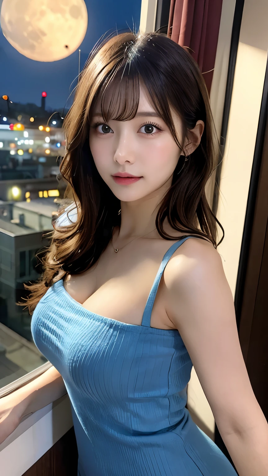 (masterpiece、high resolution、high quality、ultra high resolution、Delicate、8k)1 female、(cowboy shot 1.3)、brown hair、long hair、curly hair、clear eyes、dense lips、shiny skin、slim、slender、Blue tight knit dress、beautiful 、Inside a love hotel、Window、full moon、night view、Light