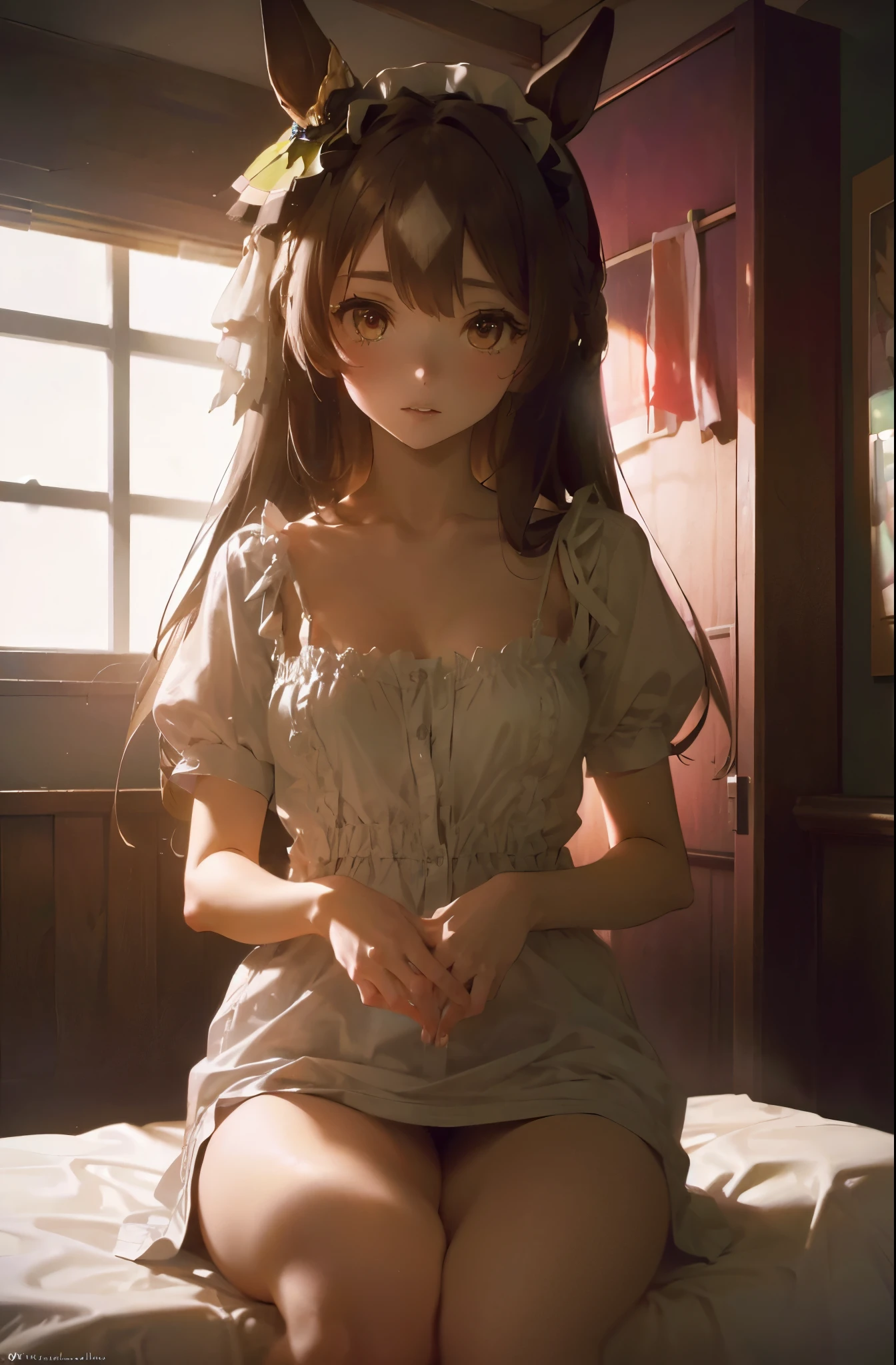 satono diamond,umamusume、I can see the whole body,Looking down from above at a girl in a maid outfit with a low neckline,white panty shot,short,((small bust)),sitting on the bed,(highest quality、4k、8k、high resolution、masterpiece:1.2)、Super detailed、(photorealistic:1.37)、Portrait、sharp focus、feminine、delicate、white skin、subtle curves、gentle expression、soft lighting、Bright colors、artistic atmosphere,