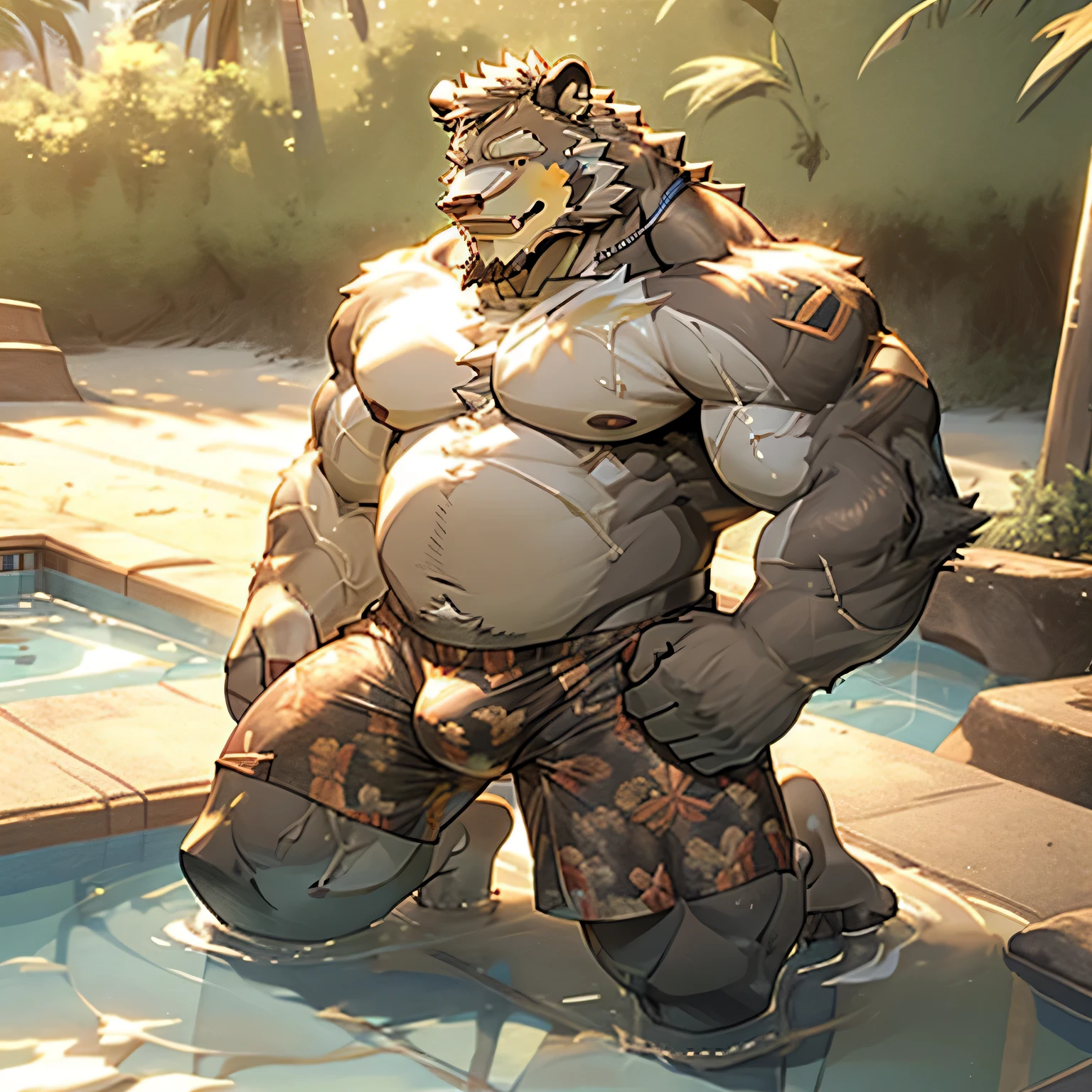 smile, short hair, brown hair, swimsuit, ass, gray hair, bikini, outdoors, barefoot, water, from behind, tree, kneeling, muscular, facial hair, beach, soles, muscular man, beard, bulge, topless man, hands on waist, chubby, palm tree, swimming pool, fat, male swimsuit, fat man, swim trunks, swim briefs, thick arms, beach chair