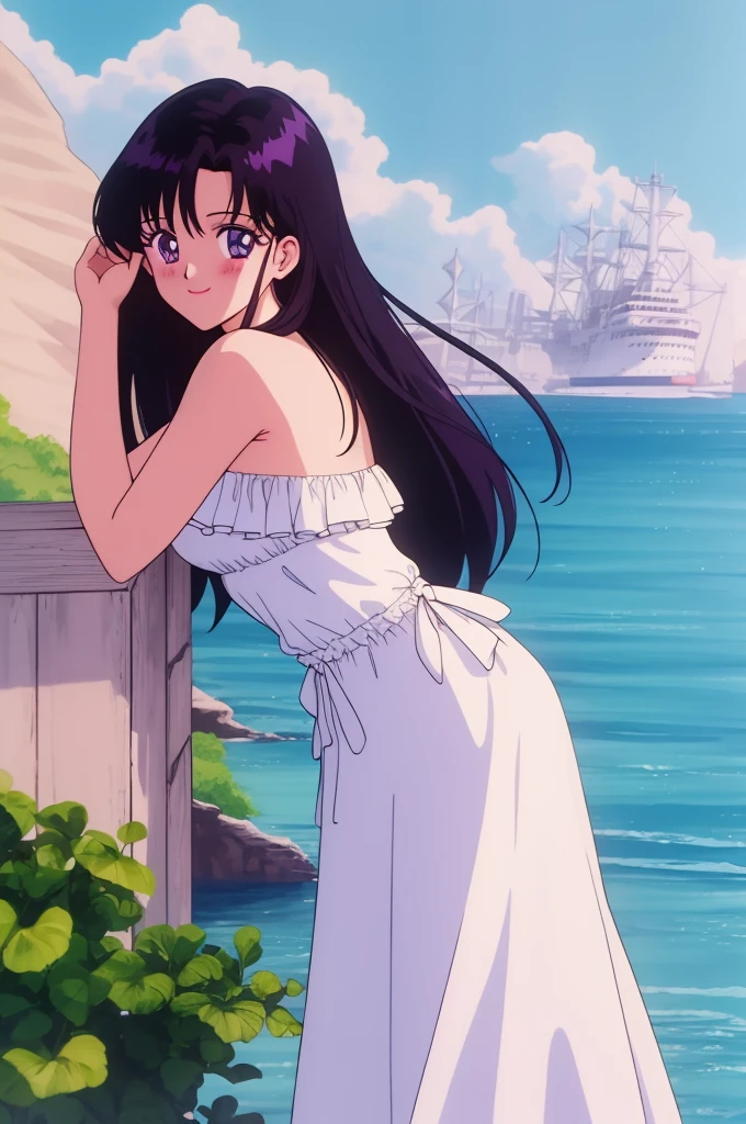 1990s \(style\), masterpiece, best quality, highres, outdoors, small breasts, 1 girl, Solo, ReiHino, Purple Eyes, Beautiful Detail Eyes, Long Black Hair, Straight Hair, Good hands are down, Smile, Blushing, Bare Neck, Bare Shoulders, strapless, White Ruffle Off-the-Shoulder maxi dress. Cowboy shot. A landscape of blue skies, pirate ship A little far away, an ocean with a beach. In the center.