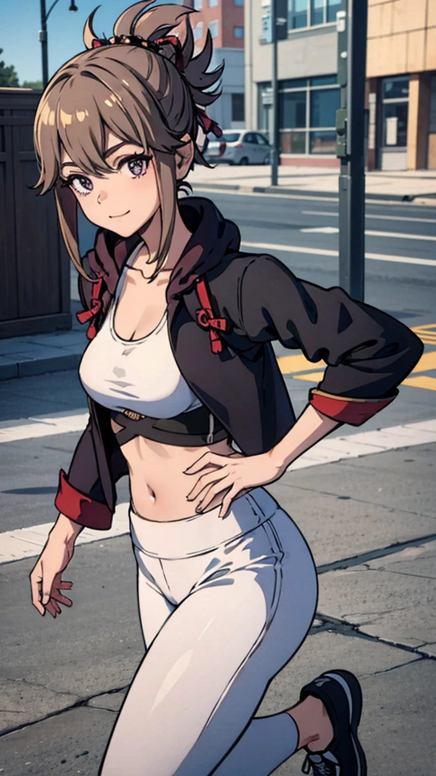 best quality, ultra high resolution, (lifelike:1.4), 1 girl, Loose Oversized Black Jacket, White Sports Bra, (yoga pants:1), (Light brown hair:1.2), L looks at the audience, Smile, Foote Body, street, Urban, cosmetic, wide angle