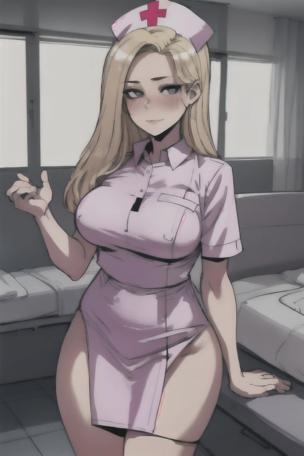 Girl with blonde long hair, in a nurse's costume