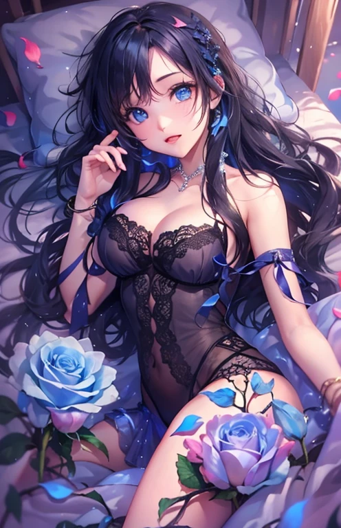 ((highest quality)), ((masterpiece)), (get used to it), perfect face , beautiful girl , beautiful long black hair , beautiful light blue eyes , In underwear , Light blue roses scattered , lie on the bed ,