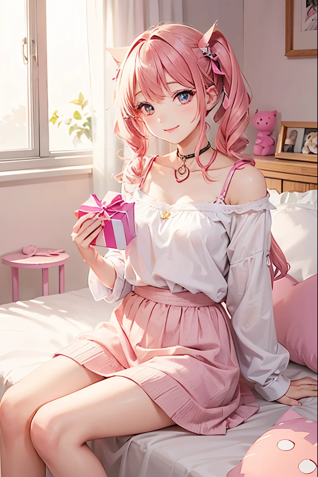 Cat with pink ribbon、Hair Pink、smile、Have a gift