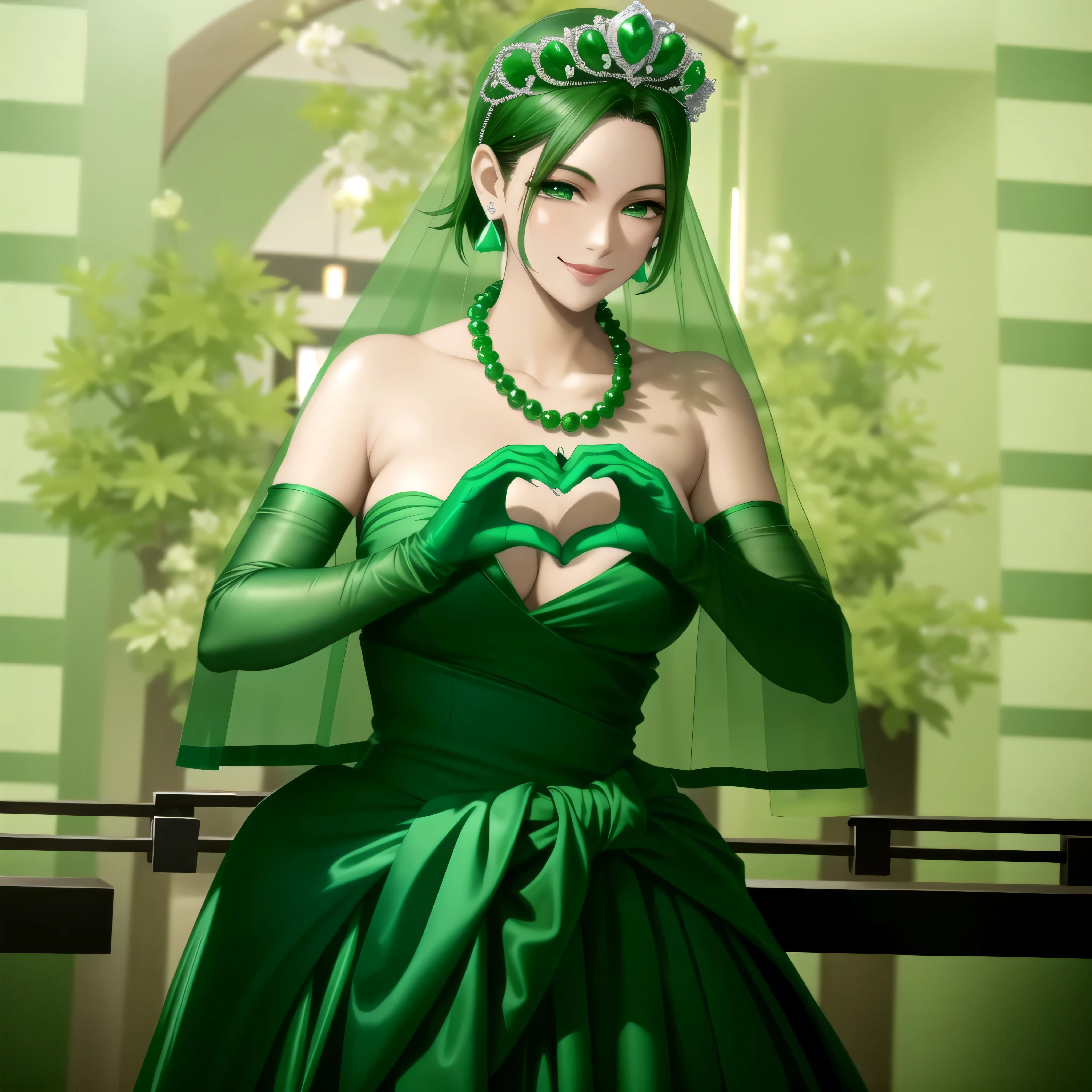 Emerald Tiara, green pearl necklace, boyish very short green hair, Green Lips, Smiling Japanese woman, very short hair, Beautiful woman with big breasts, green eyes, Green satin gloves, green eyes, emerald earrings, green veil, Heart with both hands, green hair, beautiful japanese woman, Heart shaped hands:1.3, green lip gloss