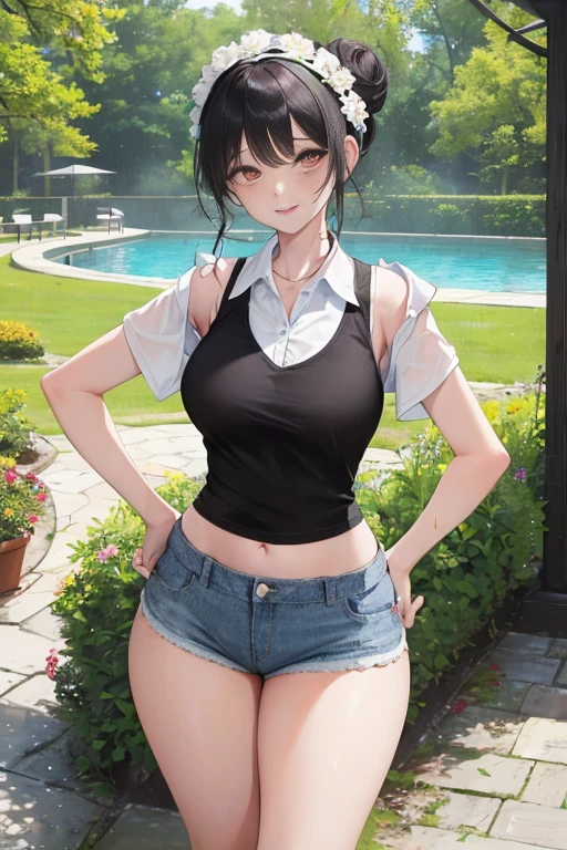 A girl in a garden,feeling the summer sunshine,with black hair,ponytail and wearing a miniskirt,standing with her legs apart,leaning forward,placing both hands on a hydrant. (best quality,4k,8k,highres,masterpiece:1.2),ultra-detailed,(realistic,photorealistic,photo-realistic:1.37),illustration,beautiful detailed eyes,beautiful detailed lips,extremely detailed eyes and face,long eyelashes, cheerful expression, vibrant colors,soft sunlight,Open-chested clothing