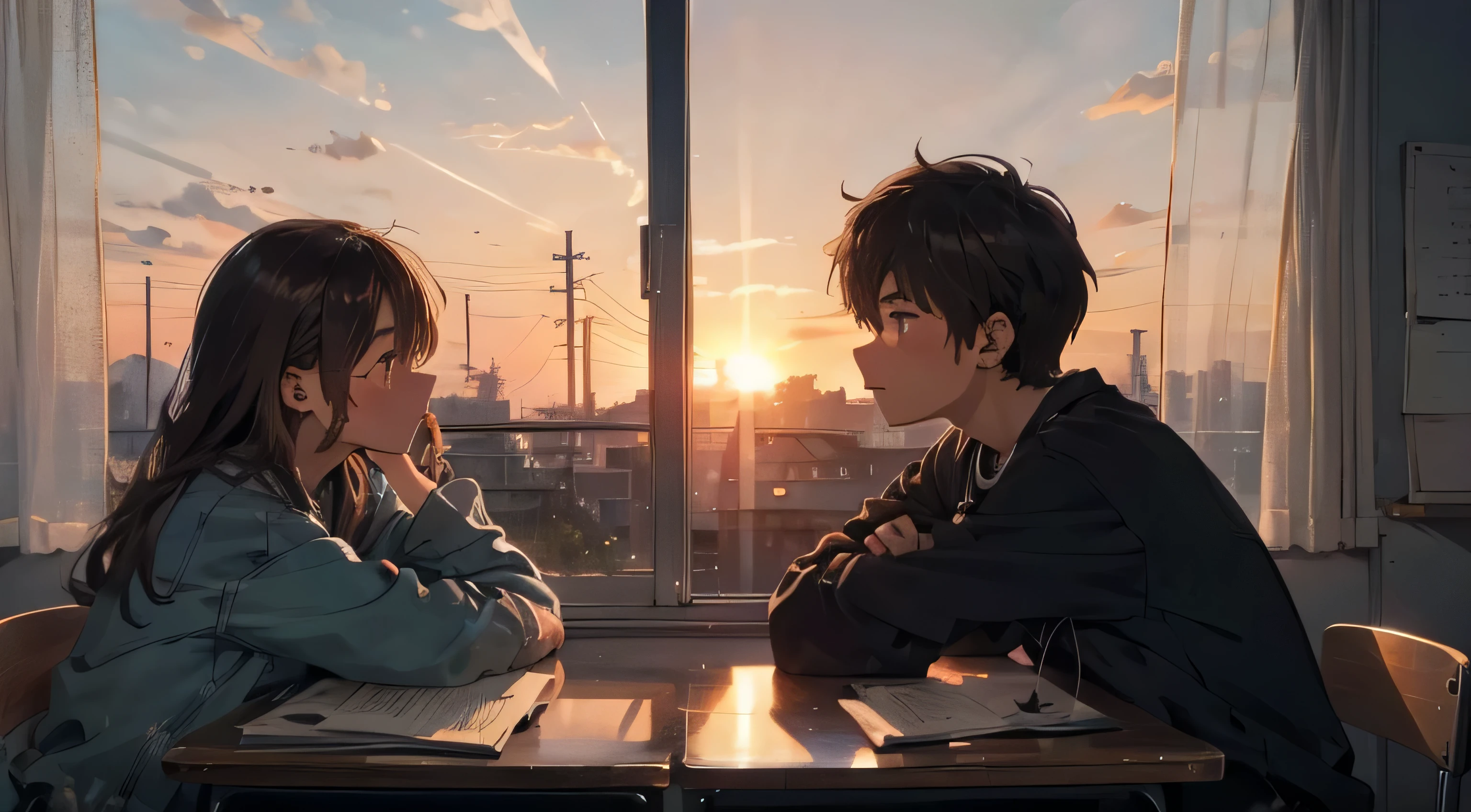 Create an image depicting a high school couple relaxing together, sharing a single pair of earphones with one earbud each, as they gaze at the sunset visible from their classroom window. Include the detail of the classroom curtains fluttering in the breeze to enhance the calm and comfortable atmosphere.