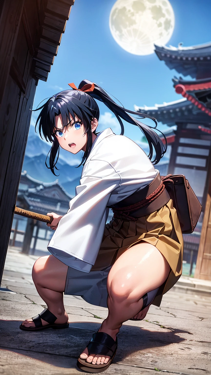 score_9, score_8_up, score_7_up, score_6_up,
uncensored,
1girl, kaoru kamiya, blue eyes, black hair, medium breasts, 
japanese clothes, ponytail, brown hakama, skirt, hakama, hakama skirt,
holding wooden sword 
looking at viewer, solo,
outdoors, moon, night, night sky, mountain,  cherry blossoms, 
Mountain paths, rocky mountains, temple, 
look up,angry, 
standing, full body,  fighting stance, 
(from below:1.1),  (dutch angle:1.2),
masterpiece, best quality,