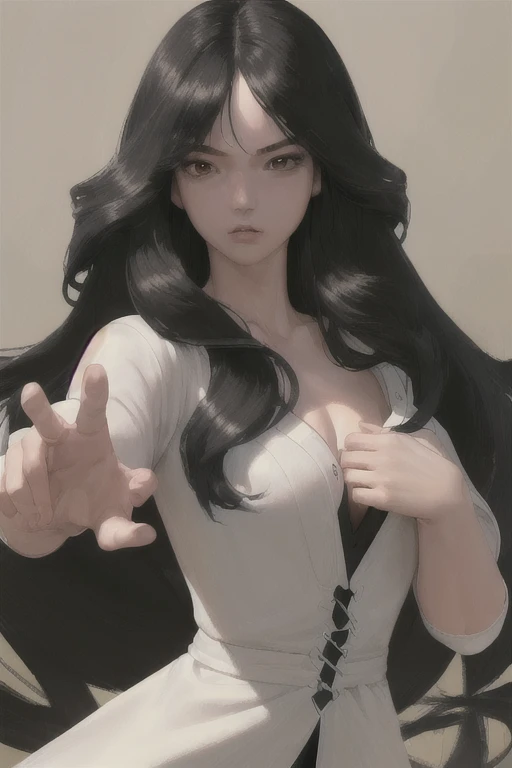 (masterpiece, top quality, best quality,4k,8k,HD,ultra HD), 1girl and long black hair, big chest,upper body, detail face, punch pose