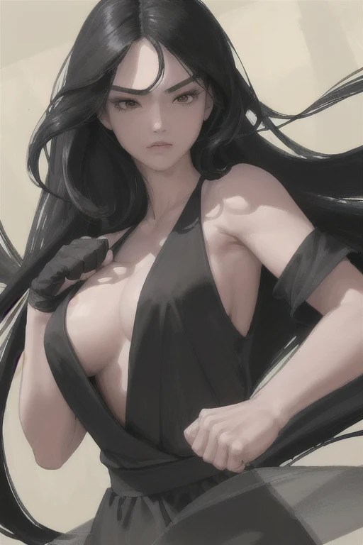 (masterpiece, top quality, best quality,4k,8k,HD,ultra HD), 1girl and long black hair, big chest,upper body, detail face, punch pose