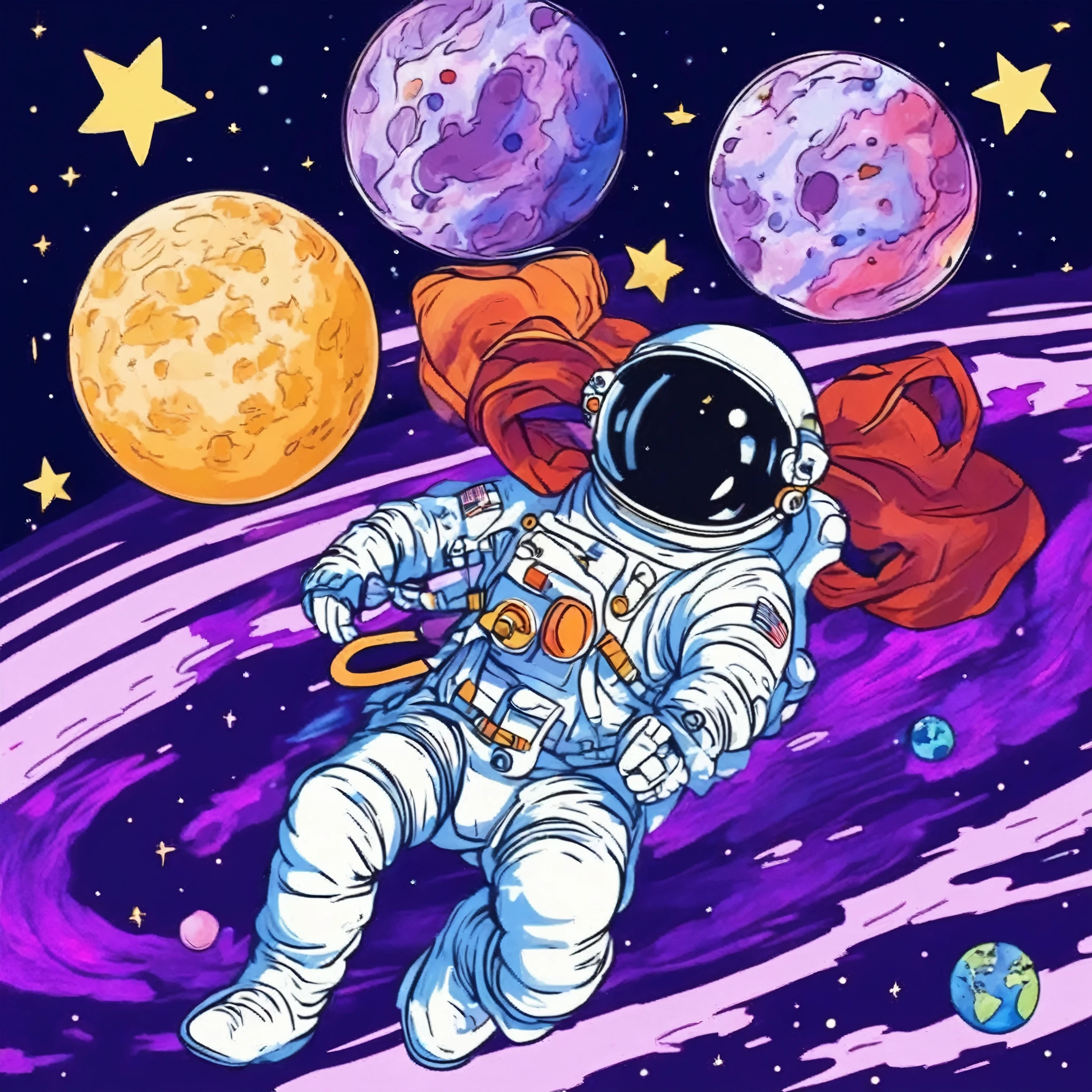 一个astronaut手捧五星红旗,astronaut floating in space with planets and stars in the background, Floating next to the planet, Milky Way in the background,Earth,moon,星球space travel, astronaut, in space, an astronaut relaxing in space, of space travel, floating in space, floating in outer space, space dream, cosmic and colorful, space colors, space, in outer space, floating in deep space, outer space, drifting in space