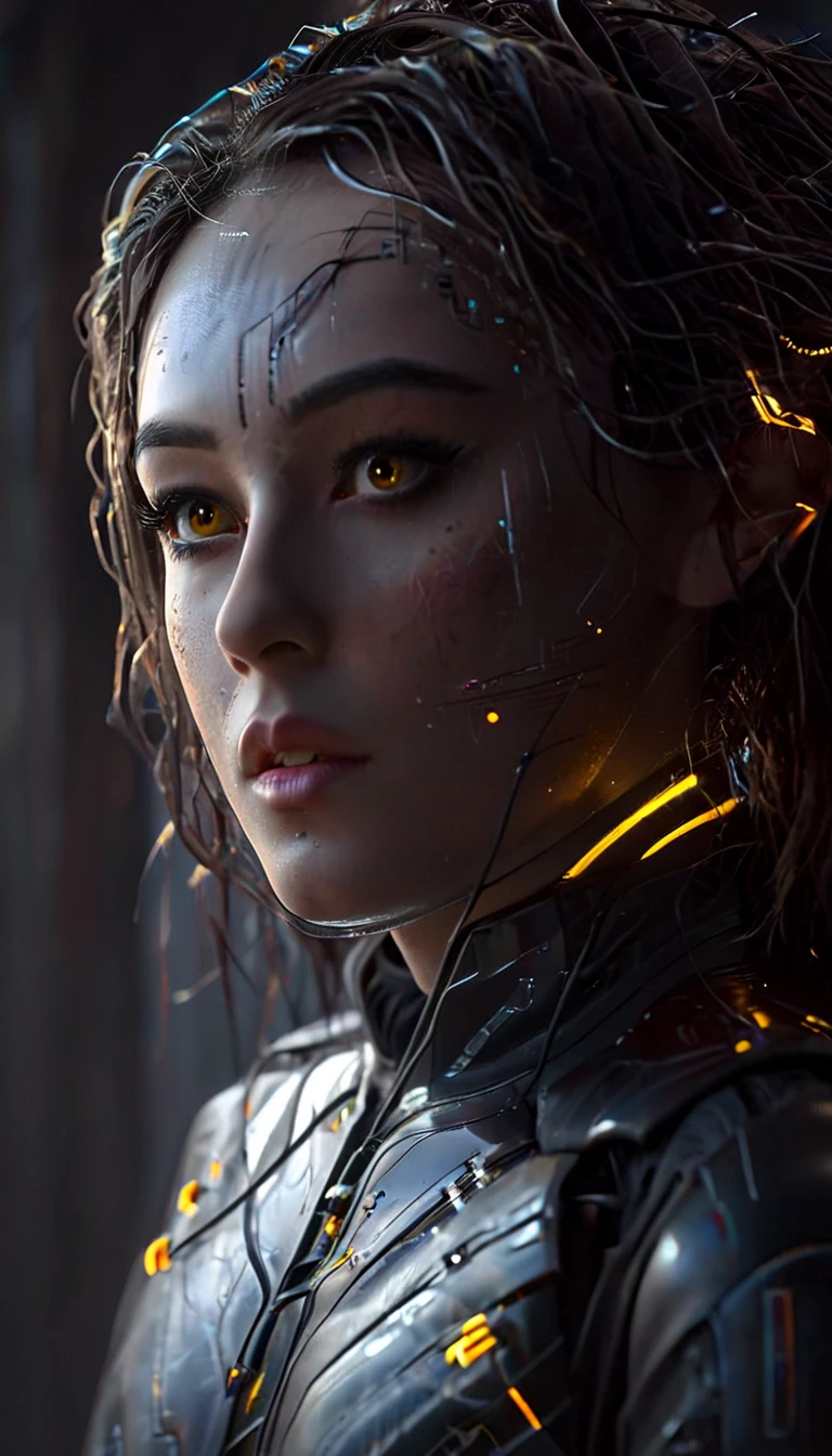 battle damage , missing arm ,bright yellow eyes, ultra-detailed,vibrant colors,sci-fi,portrait,dramatic lighting,detailed facial features,dark background,long hair,glowing eyes,futuristic clothing,expressionless face,metallic texture,bright highlights,high contrast,radiant colors,artificial intelligence theme,sharp focus,technological elements,shadows and highlights,ethereal glow,neon lights,stormy atmosphere,otherworldly setting,unconventional composition,sharp lines,sleek design,mysterious atmosphere,unearthly beauty,digital enhancements,advanced technology,glowing circuitry,abstract background,ominous presence,subtle reflections,energetic pose,unique perspective,foreshortening effect,symmetrical composition,imposing presence,dynamic energy,striking visual impact,translucent overlays,organic and mechanical fusion.