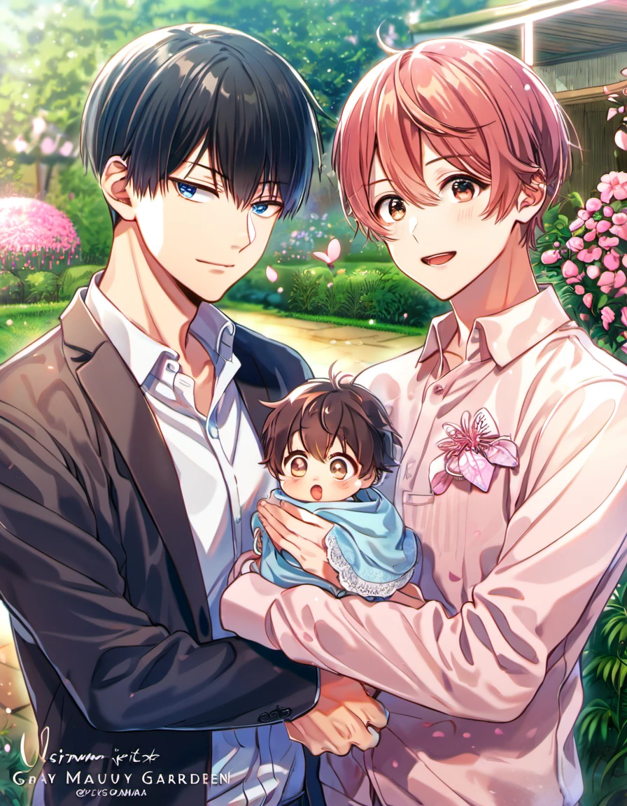 absurdres, highres, ultra detailed, HDR, masterpiece, Uenoyama Ritsuka, black hair, expressive blue eyes, Given, Sato Mafuyu, pink-brown hair, expressive brown eyes, 2men together, holding a baby, gay couple, handsome, garden, pink petals, pink flowers, pink butterflies