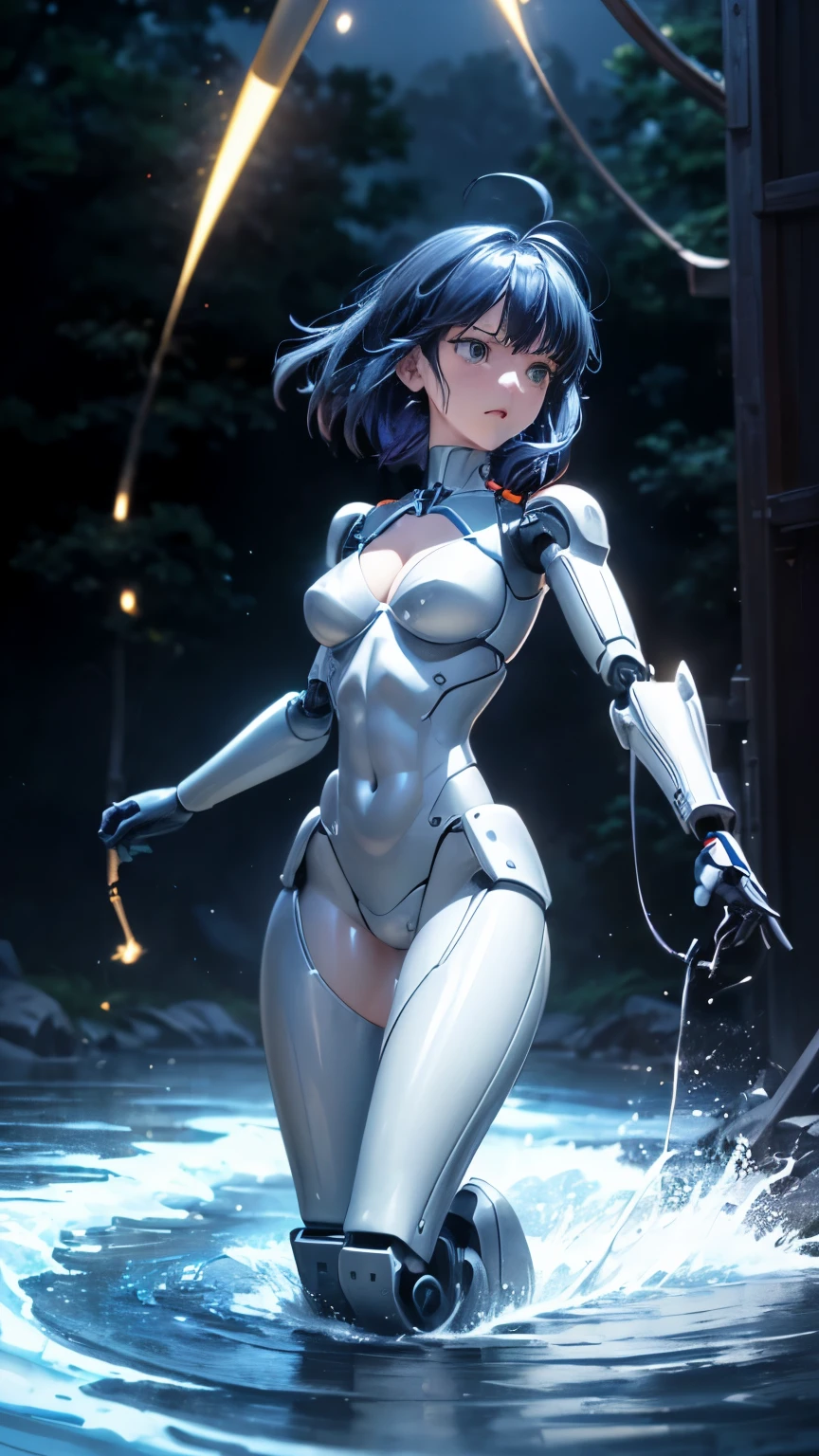 8k, masterpiece, highest quality, HDTV, high resolution, single, alone, cleavage, sweaty, drenched, Water running down my feet, Lower body soaking wet, Wet hips, extra crotch drop, Three-dimensional effect of body parts, realistic skin texture, squat, white skin, Drizzling breast milk, Splattered breast milk, Swollen, protruding, (Lock, Lock, handcuffs, limb restraint, restraint, Lockにつながれた手首, drooping breast milk, Low - Angle, from below), Swollen, Eyes, breast milk, cheeks turn red, stick out tongue, Tight suit, spread legs　from below　From the ground　high school girl　underwear pattern　peeking outside　standing on tiptoe　Seoul　mandala　inflammation　electric shock　spark　lightning　thunder, ((35mm, f/2.8, Incredibly detailed and ultra-realistic shots, Natural light, Slim Body futuristic female Appearance Robot Rapid Response Tactical Guard , The waist is thin, Complex branching design, Sophisticated Assembled Armor, The arm has a complex multi-point mechanical hinge joint, inconspicuous joints, Unconventional hinge joint, long legs, Complex and detailed non-human feet, High-tech flexible design, Modern and sleek high-tech head design, The head is々There are various types of sensors,full body, Hall in the street々and,Robots are human々Gives a sense of agility, speed, and high mobility, Able to move with the agility of a ninja.))