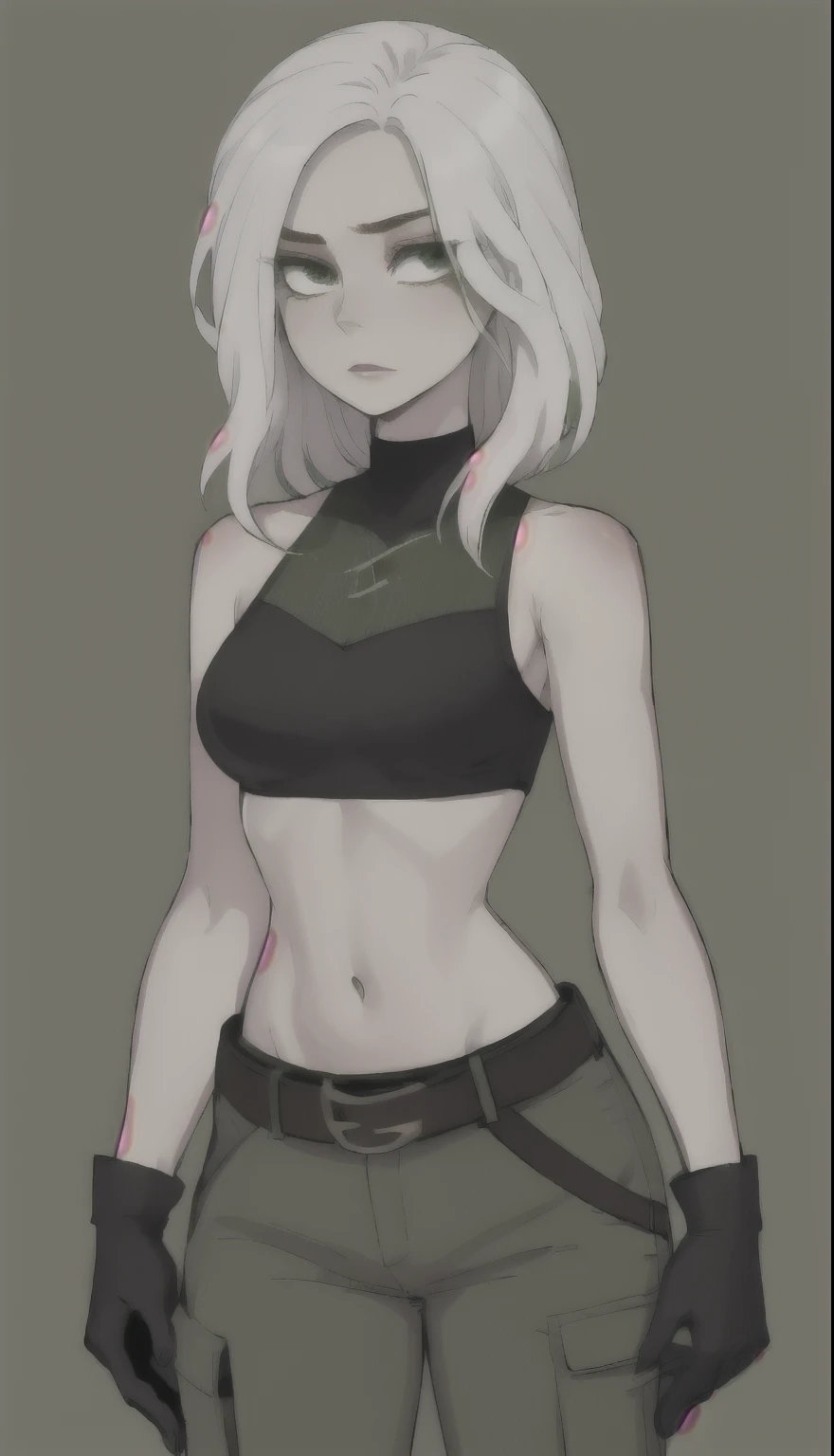 1 girl, (Cartoon:1.3), detailed eyes, looking at the viewer white hair, green eyes, confident expression, black crop top, black gloves, brown belt, green cargo pants, Pale skin, Thin eyebrows