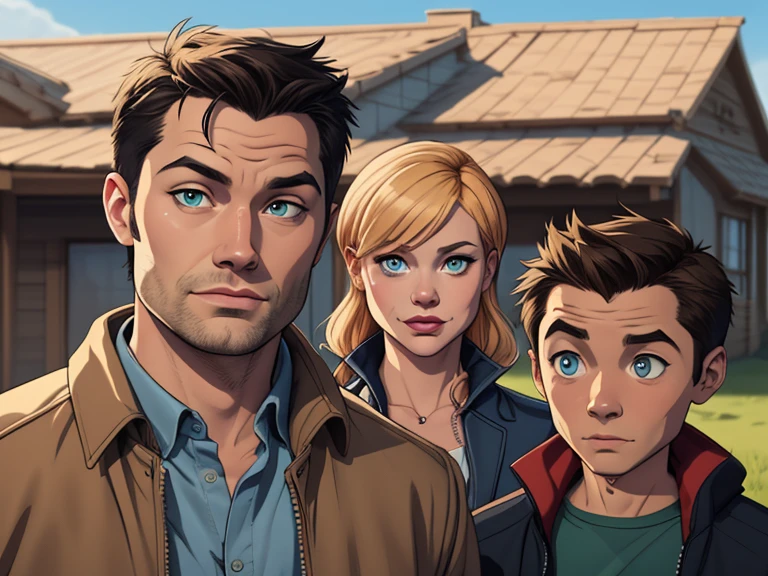 Cast of Supernatural Cartoon style digital illustration Sam, Jean and Castiel as friends in Cartoon style digital illustration