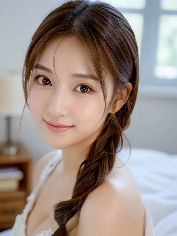 table top, highest quality, figure, Super detailed, finely, High resolution, 8k wallpaper, 完璧なダイナミックな構figure, detailed and beautiful eyes, ladies fashion summer,ponytail hair,small breasts natural color lip, bold sexy pose,smile,20 year old girl、cute、sexy shot looking at camera,wake up,Near-realistic quality,blonde,Eyes to the left,A bit of sharp beauty,don&#39;t wear clothes,topless nude