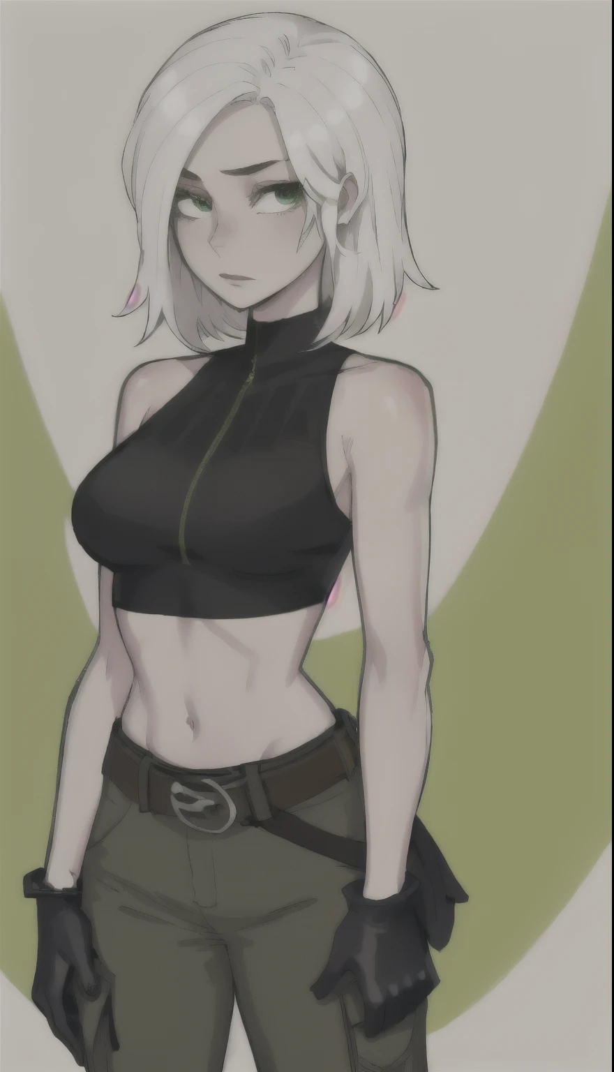 1 girl, (Cartoon:1.3), detailed eyes, looking at the viewer with white hair, green eyes, confident expression, black crop top, green cycling shorts, Pale skin, Thin eyebrows