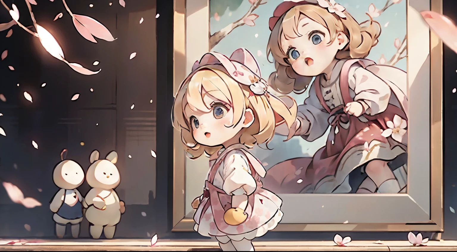 The doll standing in front of the painting、blonde、Yawning face、rococo style、(Highly detailed characters)、Flowing cherry-colored silk、cherry blossom petals、Flowing cherry blossom silk、Photographed from the side、Strong bokeh、season!!: 🌸 ☀ 🍂 ❄