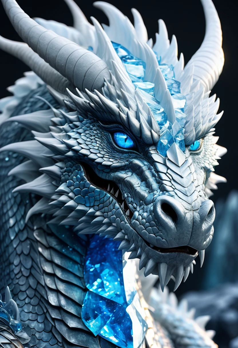 ((whole body)), (Terrible war), mythological yet wearing armor and with eyes glowing blue next to crystal on its body with RGB glow on some parts of the body at the north pole, Albino mythological yet with crystal embedded in the body, Waters near the North Pole are filled with ice, Arctic Background, SunlitIllumination, crystal: They are RGB,Shining through the dragon's body,4K, 8K, high quality, highly professionally detailed, whole body, high detail, Effect Movie, Scary and realistic, Professional photography, Ultra-sharp resolution, Very detailed, Ultimate texture, 3d effect, Popular topics on ArtStation, sharp focus, Studio photos, intricate details, Very detailed, author:Greg Rutkoski.