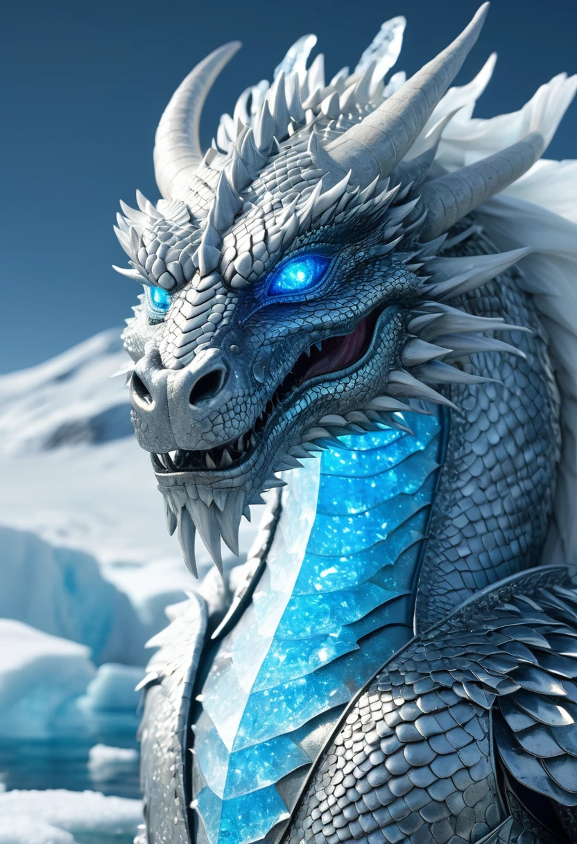 ((whole body)), (Terrible war), mythological yet wearing armor and with eyes glowing blue next to crystal on its body with RGB glow on some parts of the body at the north pole, Albino mythological yet with crystal embedded in the body, Waters near the North Pole are filled with ice, Arctic Background, SunlitIllumination, crystal: They are RGB,Shining through the dragon's body,4K, 8K, high quality, highly professionally detailed, whole body, high detail, Effect Movie, Scary and realistic, Professional photography, Ultra-sharp resolution, Very detailed, Ultimate texture, 3d effect, Popular topics on ArtStation, sharp focus, Studio photos, intricate details, Very detailed, author:Greg Rutkoski.