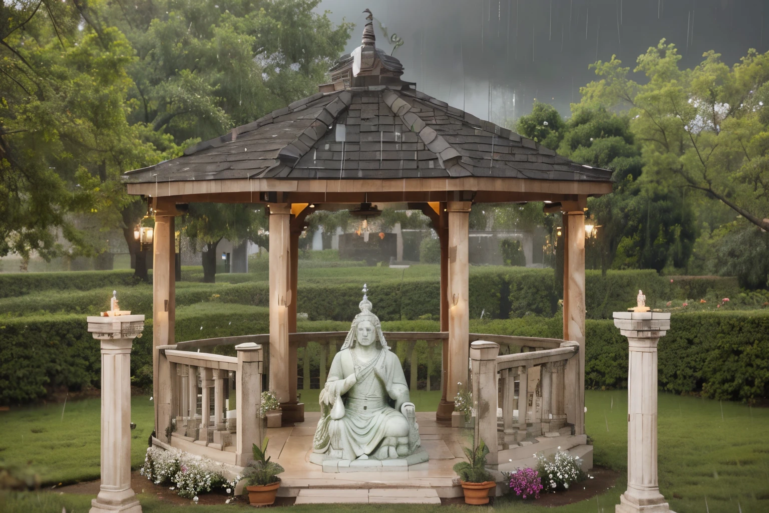 an outdoor cozy gazebo at a rainy cloudy day, two roman pillars with candle, a shiva statue back in a cozy rainy day ( do it better, more detailed objects)