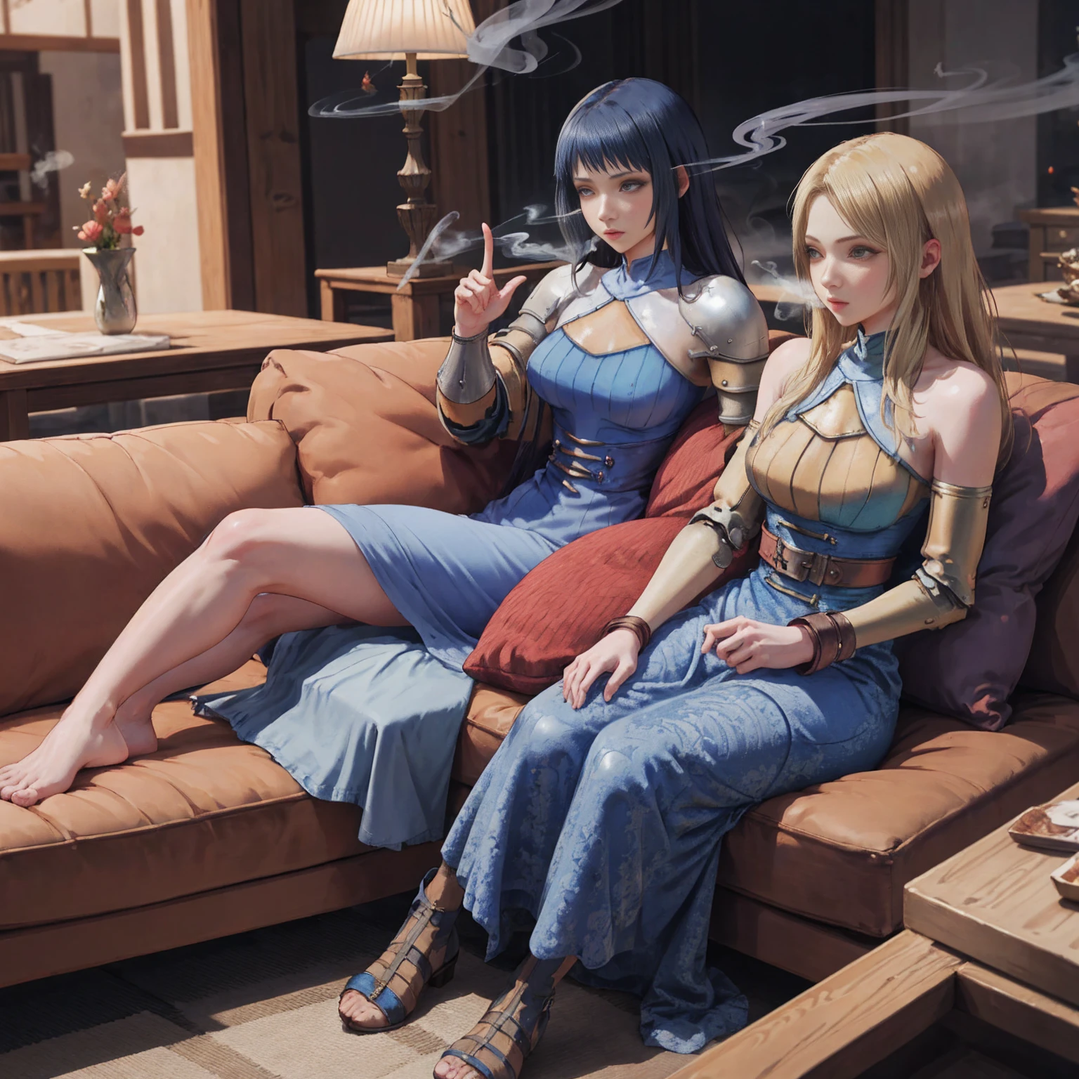 shadow clone, clone, ((smoke)), hand gesture, 5girls (Female Knight (Final Fantasy Tactics)), 1girl , indoor, sofa, pillows, buildings full body, long blonde hair, blue dress big belt knight outfit clothes Female Knight (Final Fantasy Tactics), hyuuga hinata sits on sofa, dark blue hair