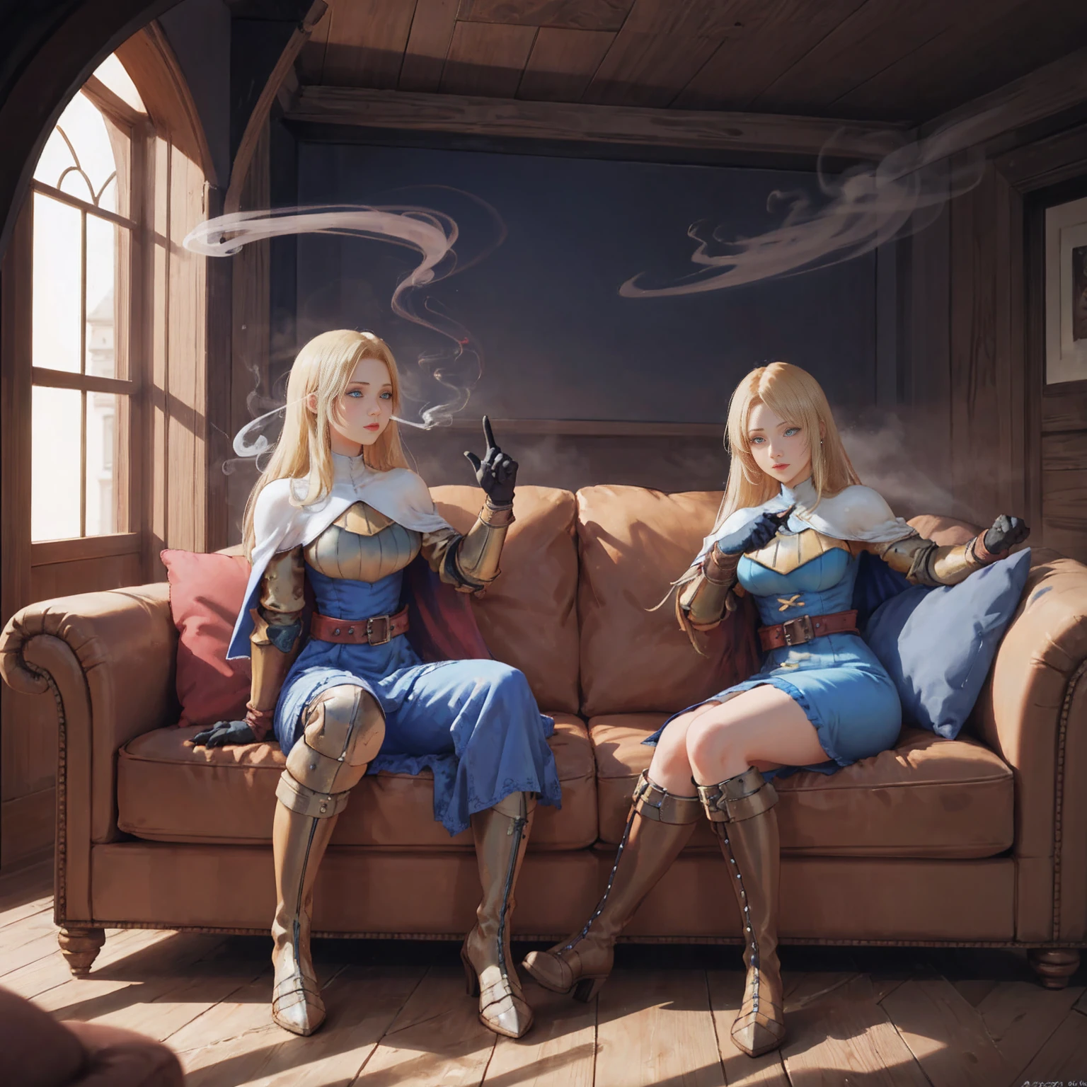 shadow clone, clone, ((smoke)), hand gesture, 5girls (Female Knight (Final Fantasy Tactics)), 1girl , indoor, sofa, pillows, buildings full body, long blonde hair, blue dress big belt knight outfit clothes Female Knight (Final Fantasy Tactics) (KnightFFT, long hair, blonde hair, blue eyes, cape, armor, blue dress, belt, gloves, boots,), hyuuga hinata sits on sofa, dark blue hair