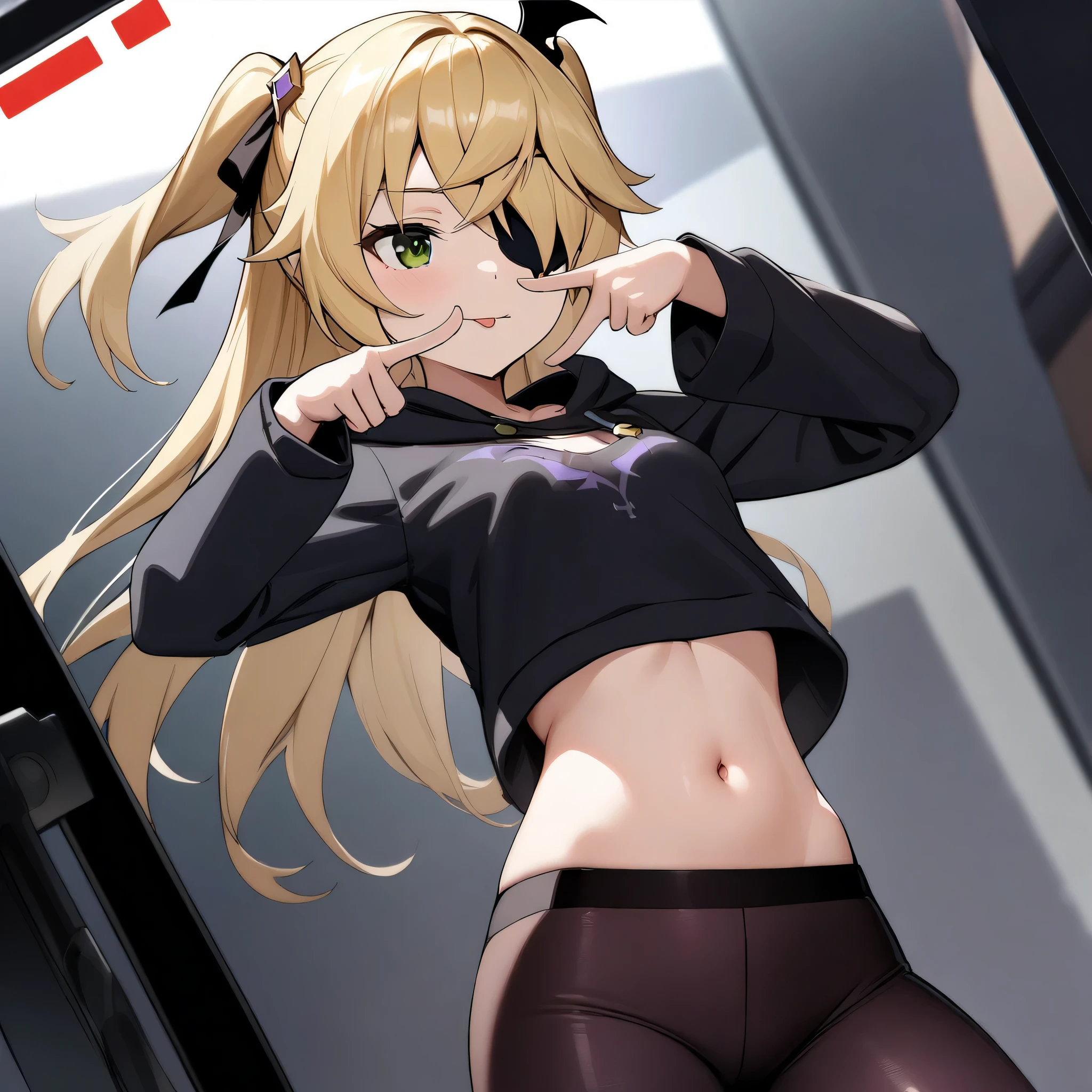 (masterpiece), best quality, expressive eyes, perfect face, low angle, cowboy shot, close-up legs, Three-quarter view, (Fischl 'Genshin Impact'), eye patch, solo, small breasts, blonde hair, looking away, (finger frame pose, streched arms), iin a TRAINING CROPPED oversized black HOODIE, long sleeves, navel midriff, collarbone, leggings, standing, contrapposto, light smile, closed mouth, tongue, recording studio background,