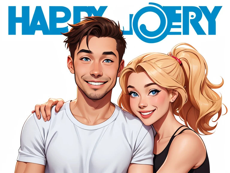 Happy man and woman couple with beautiful smile Cartoon style digital illustration white background 