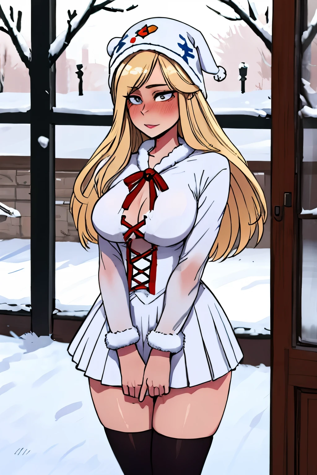 Girl with blonde long hair, dressed as a Snow Maiden at school