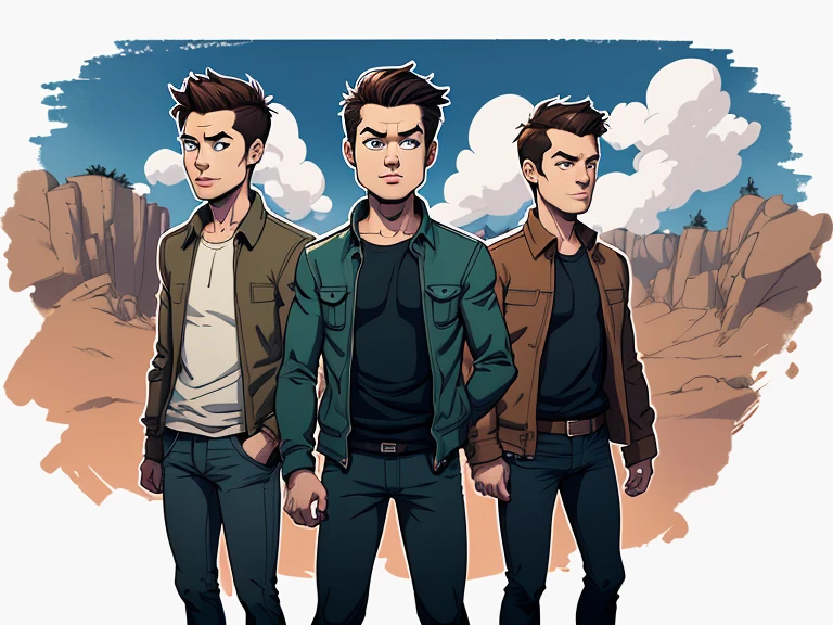 Cast of Supernatural Cartoon style digital illustration Sam, Jean and Castiel as friends in Cartoon style digital illustration