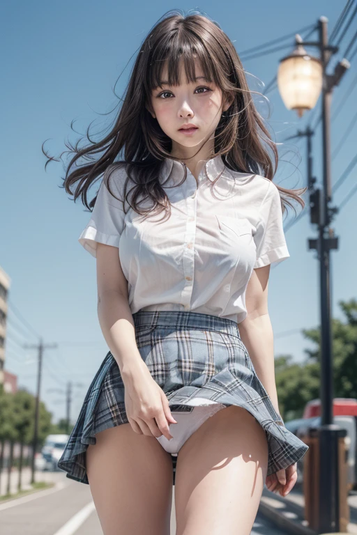 (Complete anatomy,highest quality, 8K), 1. High school girl, (big breasts:1.3), realistic, High resolution, Whitening skin, (Highly detailed cute face,beautiful blue eyes), double eyelid, soft lighting, cinematic lighting, (blurred background:1.5), look straight at the viewer, ( bangs ), (full shot, from below:1.5), My butt went up, expose thighs, ((wind lift:1.5)), ((school uniform ,Plaid ribbon,white shirt,Plaid pleated skirt)), (see white lace panties:1.0), (blush,sulking:1.5),blue sky,on the road,School Area