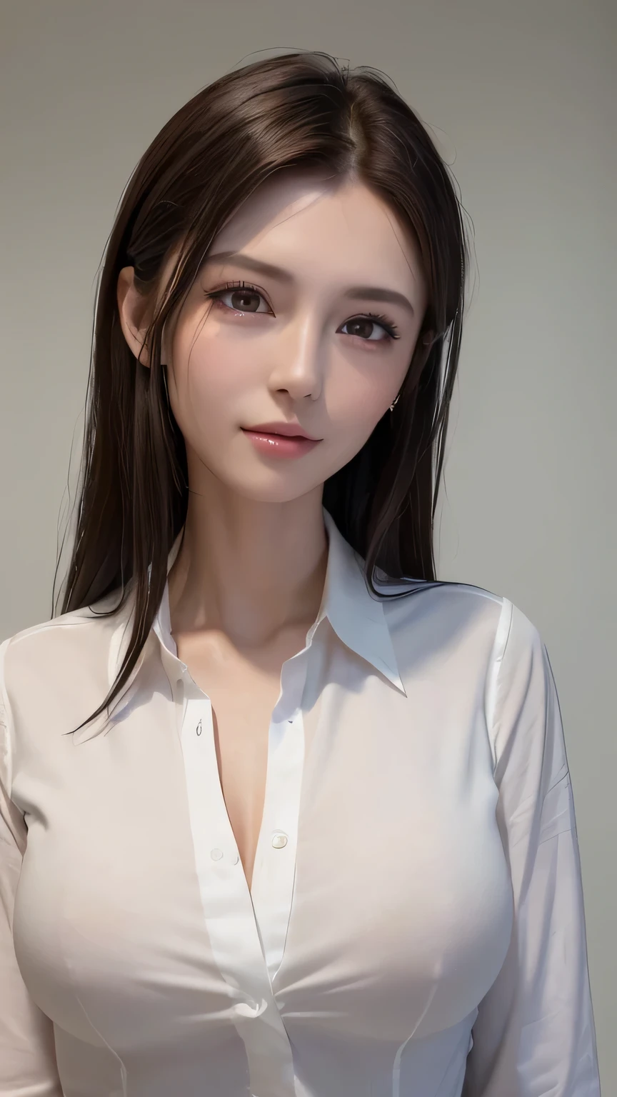 ((highest quality, 8K, masterpiece :1.3)), sharp focus :1.2, beautiful woman with perfect figure :1.4, thin abs :1.2, ((dark brown hair, big breasts :1.2)), (white button up long shirt :1.1), city street:1.2, Highly detailed face and skin texture, fine eyes, double eyelid,smile