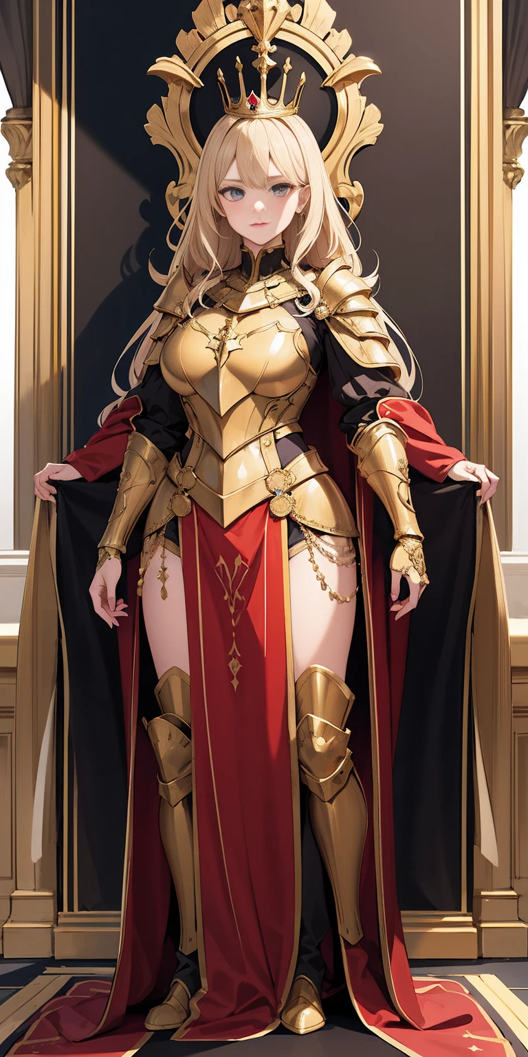 masterpiece, Best quality, ultra detailed, full length, 1 arrogant woman, queen, blonde hair, in royal women&#39;s steel plate armor with a pronounced chest and decorated with gold, standing in the throne room, fantasy world