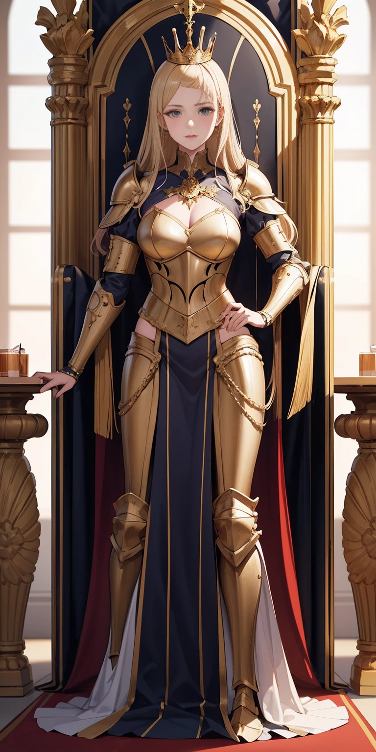 masterpiece, Best quality, ultra detailed, full length, 1 arrogant woman, queen, blonde hair, in royal women&#39;s steel plate armor with a pronounced chest and decorated with gold, standing in the throne room, fantasy world