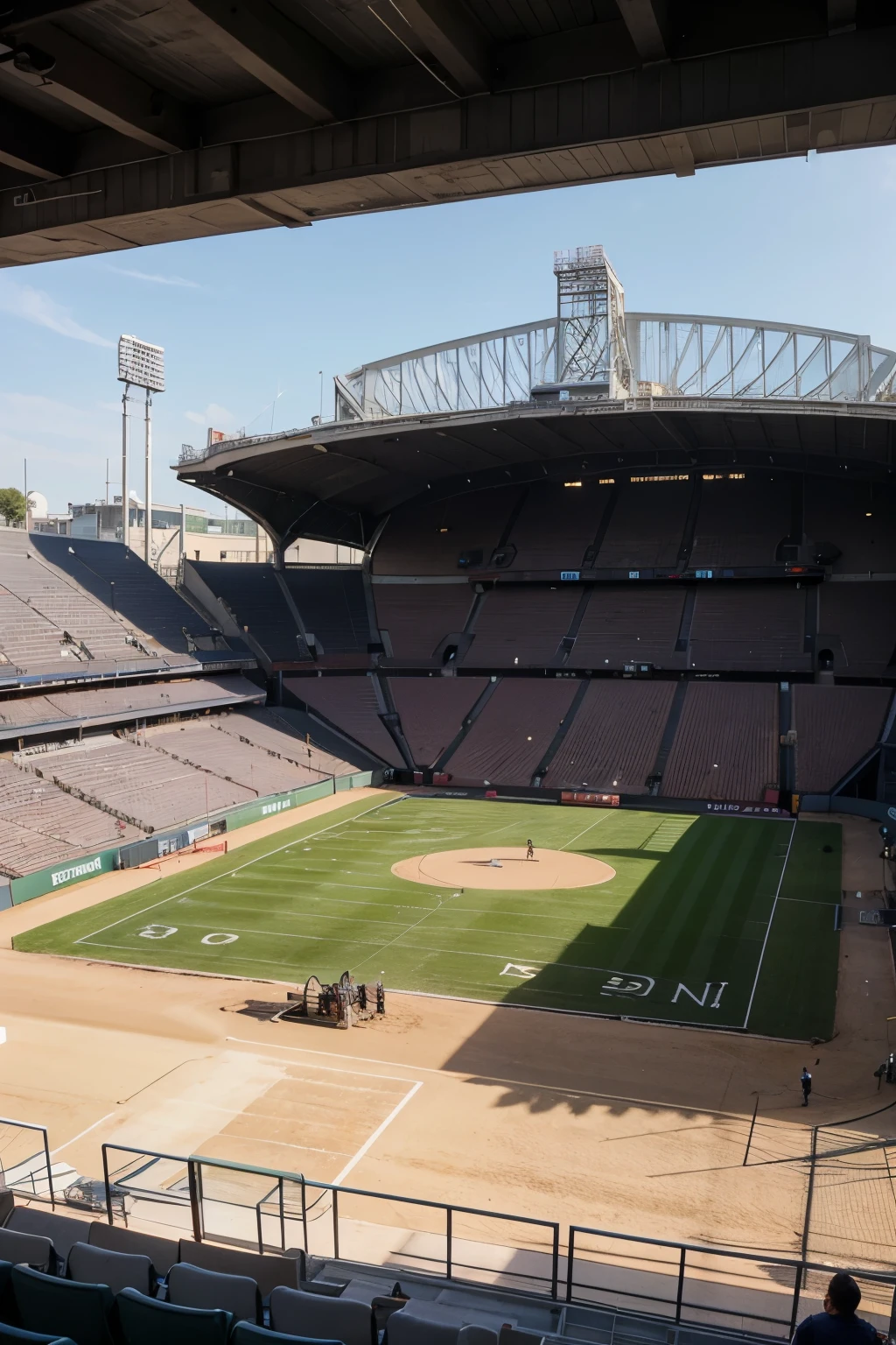 Generate realistic 3D renderings of stadiums from various perspectives. Each image should focus solely on the stadium without surrounding cityscapes. Provide images from the following viewpoints: entrance, field/court, aerial, and grandstand. The entrance perspective should highlight the main entrance and façade with ticket booths and architectural details. The field/court view should emphasize the playing area design. The aerial view should show an overhead of the stadium, and the grandstand perspective should capture the seating tiers, VIP boxes, and overall spectator view.