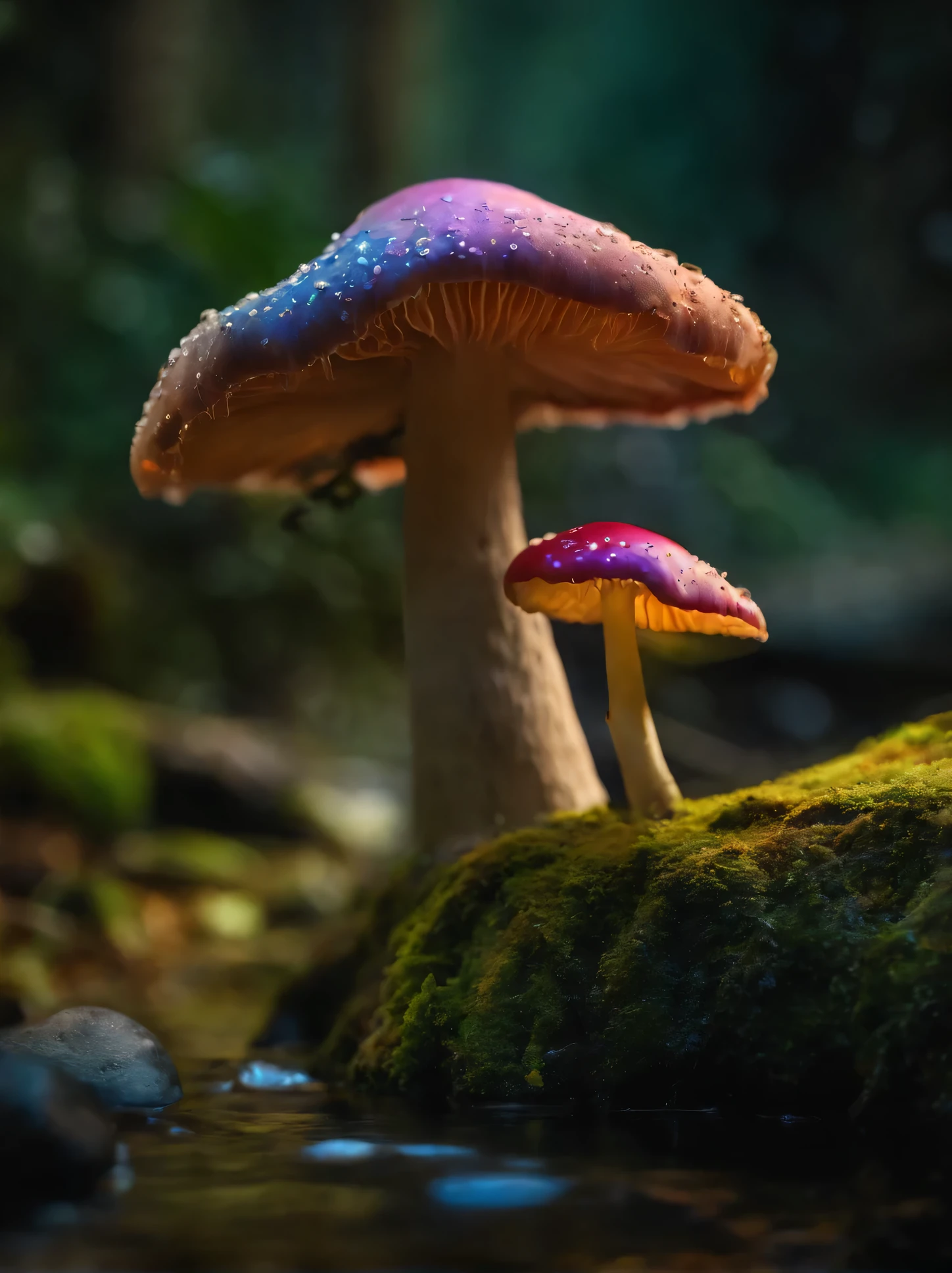 there are two colorful mushrooms sitting on a rock near a waterfall, glowing mushrooms, colorful glow, neon mushrooms, alien waterfall, colorful hd picure, bioluminescent waterfall, fluorescent mushrooms, scenic colorful environment, magical landscape, beautiful wallpaper, glowing blue mushrooms in mire, fantastical setting, magical colors and atmosphere, magnificent background, breathtaking lights