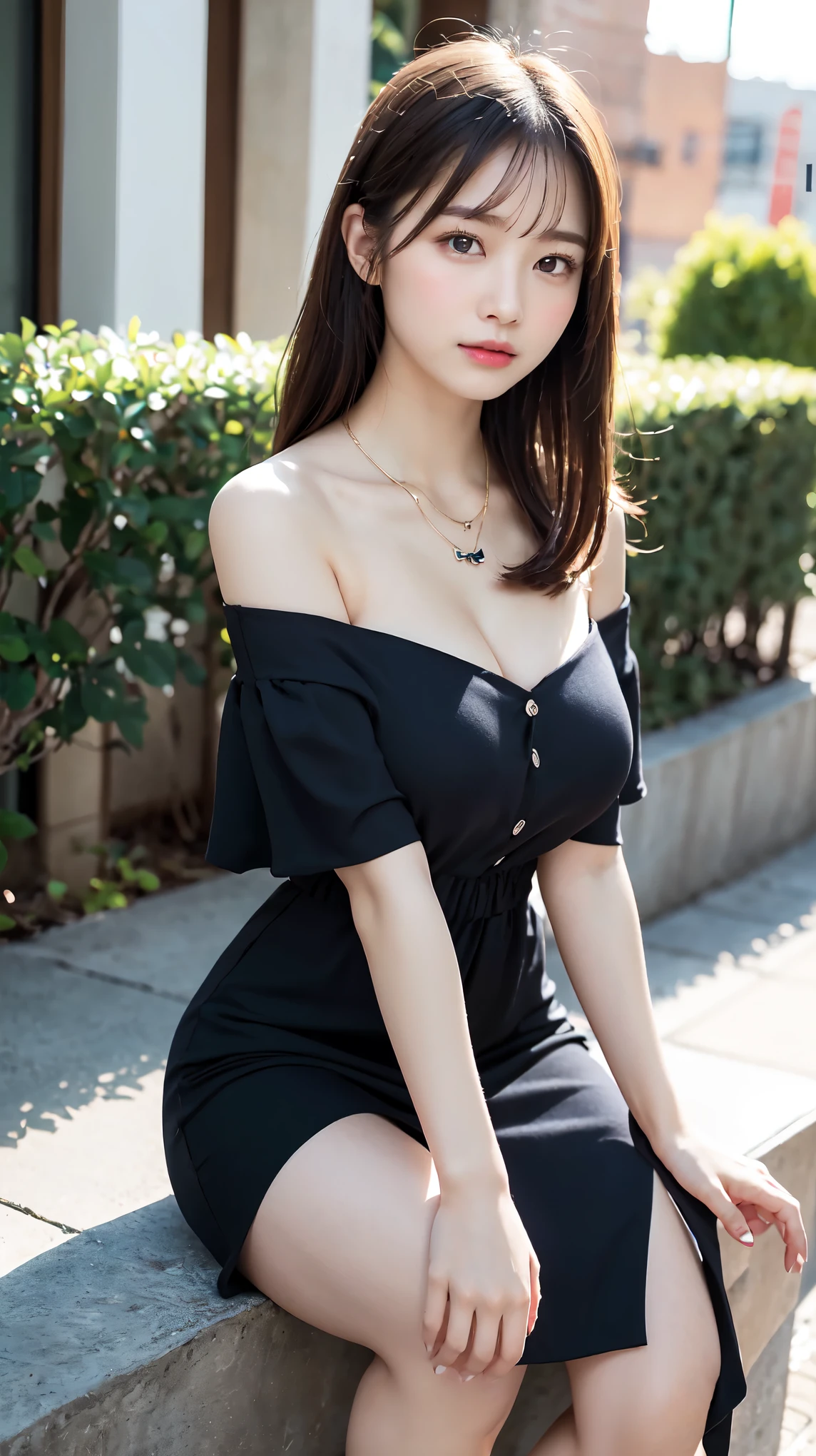  body、Full body Esbian、squat、Very small waist、(very big breasts:1.3)、ponytail、plump thighs、natural skin、Extra-fine face、 extra thin hands, Very thin fingers, Best ratio、surreal, ((cute dress、Exposing too much skin、off shoulder、The length is short and the thighs are visible))、cheeks turn red、body covered in 、Cross Necklace、((18 year old female:1.2))、young adorable japanese face, official art，Highly detailed CG Unity 8K wallpaper，（masterpiece:1.0),(highest quality:1.0), 超A high resolution,4k,Super detailed, photo shoot, 8K, nffsw, High resolution, kodak portrait 400, film grain, lens flare glow,高いest quality,8K,nffsw:1.2),portrait shot,8K、View viewer