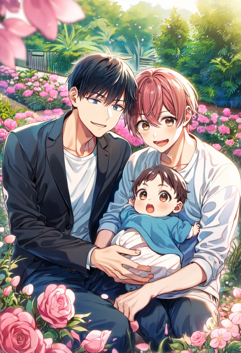 absurdres, highres, ultra detailed, HDR, masterpiece, Uenoyama Ritsuka, black hair, expressive blue eyes, Given, Sato Mafuyu, pink-brown hair, expressive brown eyes, 2men together, holding a baby, gay couple, handsome, garden, pink petals, pink flowers, pink butterflies