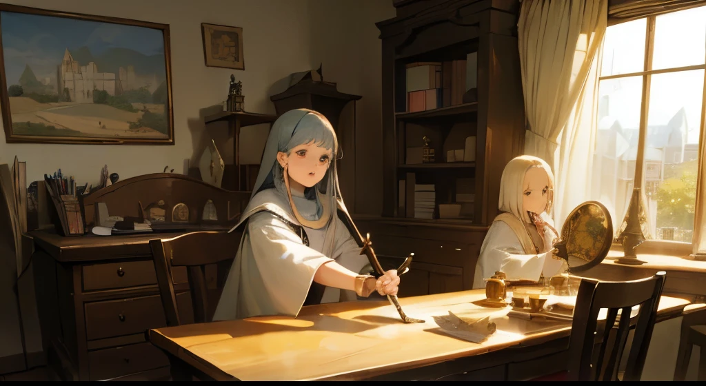 Medieval robe costume Three -yeld gi practicing sword fighting Old Castle Parade Grounds vase Big Globe parchment quill pen White sand runes Taxidermy window crystal jade Talisman wand Inkwell Chair A desk cluttered with stationery