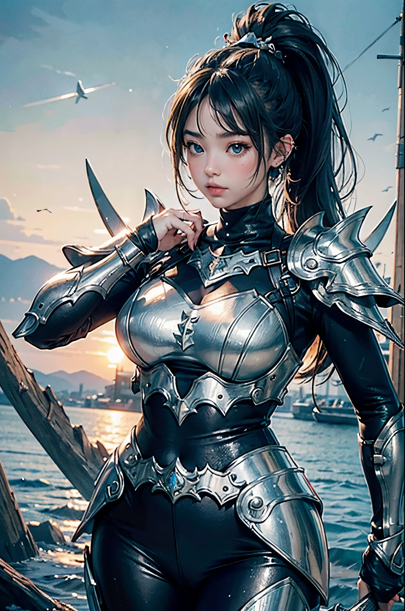 (best quality,4k,8k,highres,masterpiece:1.2),ultra-detailed,photorealistic,illustration, girl, piercings, silver ring, Monster Hunter, ponytail, Japanese, chubby1.9, curvy1.9, tall1.4, high-definition, super detailed, sharp focus,whole body,Eyebrows0.5,plump1.3,armor,arms,sword,knife,,,,