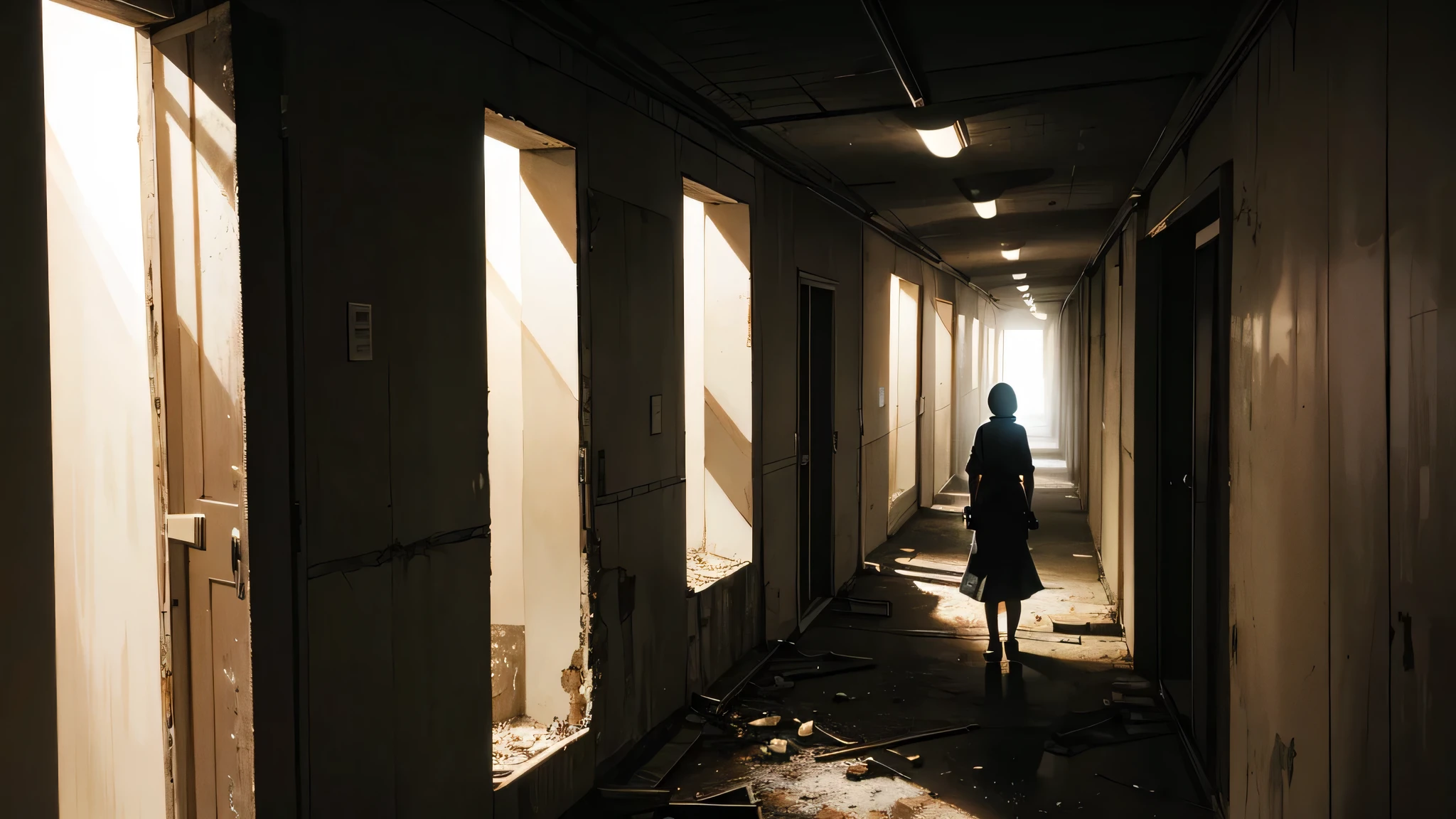 Walking alone down a dark hallway, dim light, Scary atmosphere, terrorism, fear, dim light, Abandoned hospital