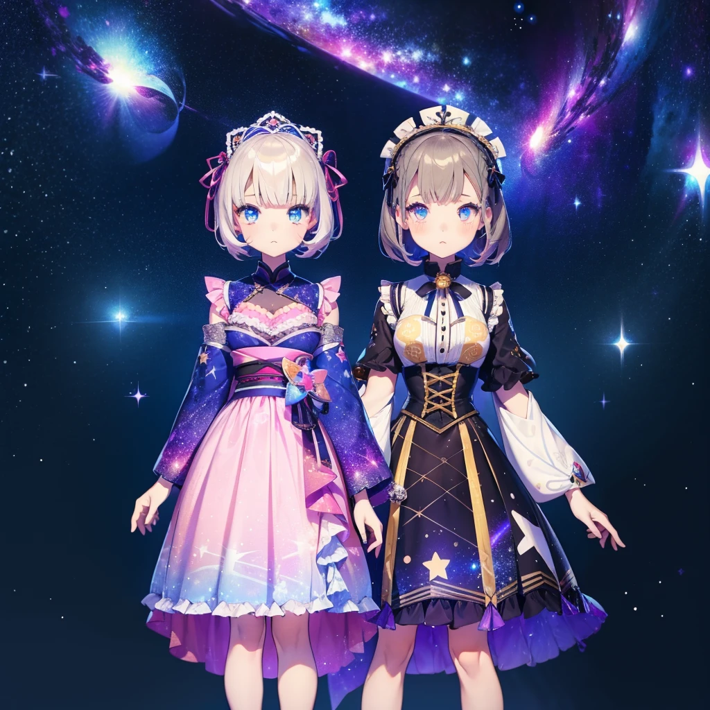 1girl、vtuber-fullbody、Star Fairy、「A beautifully printed galaxy patterned kimono and gothic lolita outfit.、Space pattern box pleated mini skirt with ruffles、Front full body portrait、enchanting eyes、Perfect and stunning face、exquisite details、clear image、highest quality。」short hair、