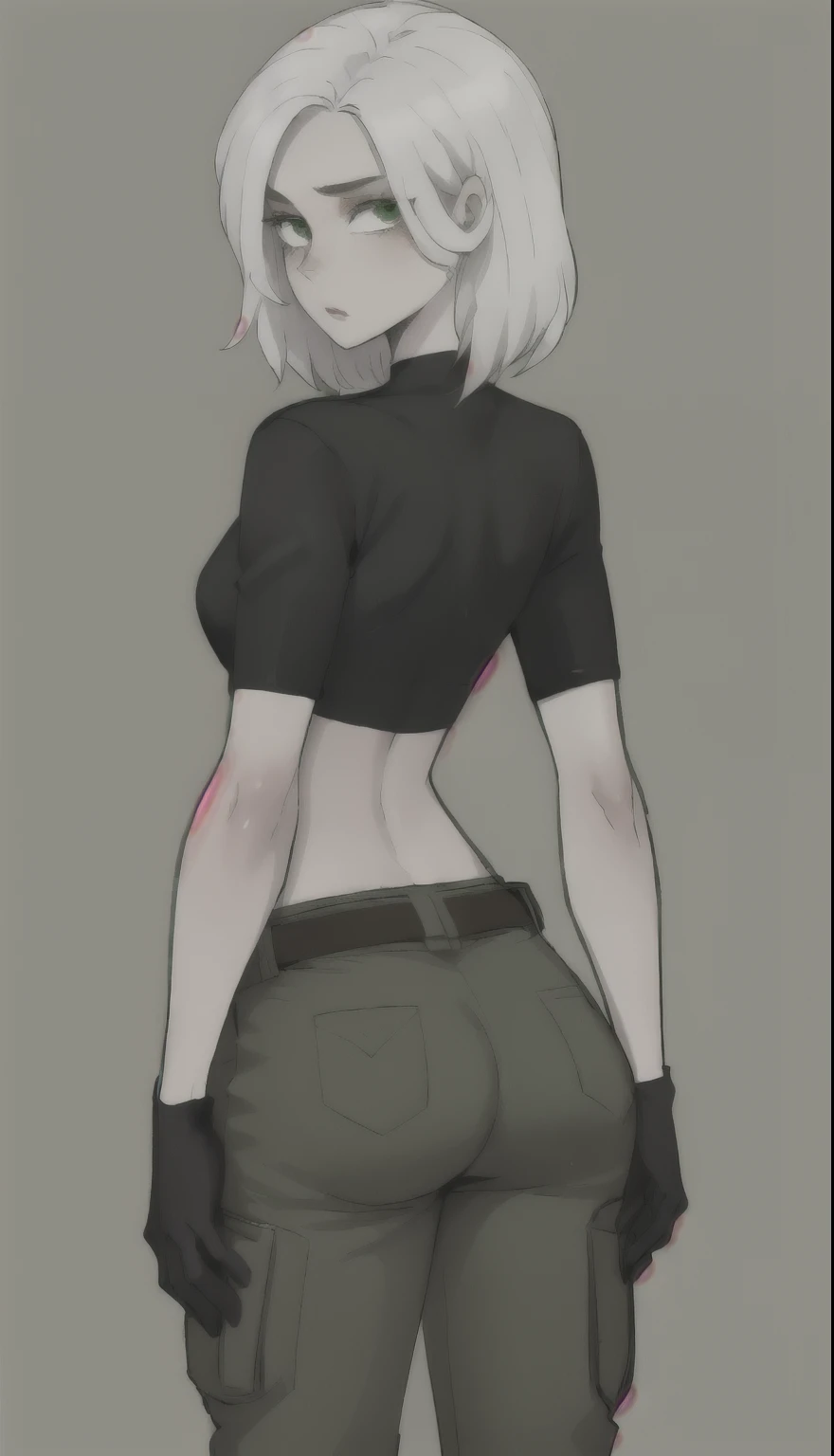 1 girl, (Cartoon:1.3), detailed eyes, looking at the viewer with white hair, green eyes, confident expression, black crop top, black gloves, brown belt, green cargo pants, Pale skin, Thin eyebrows, ass