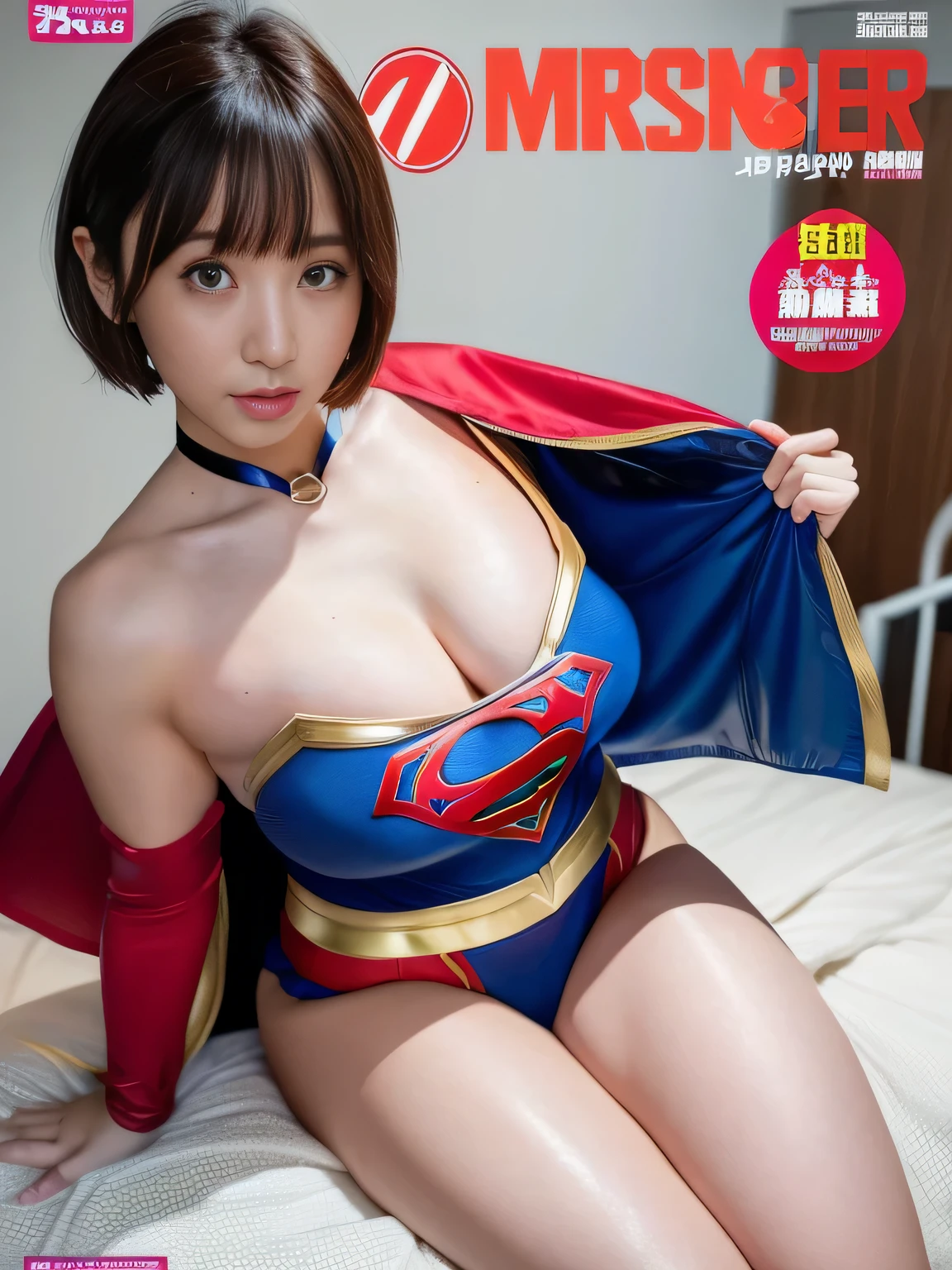 masterpiece、supergirl costume、short hair、barefoot、big and full breasts、hospital room、Climax on the bed、Sexy poses to seduce、model body shape、shiny、looking at camera、off shoulder、choker、enamel、long sleeve、red mini skirt、Weekly magazine cover、obscene、Radical、sweaty、Glamorous、charm、charming、Impressive、