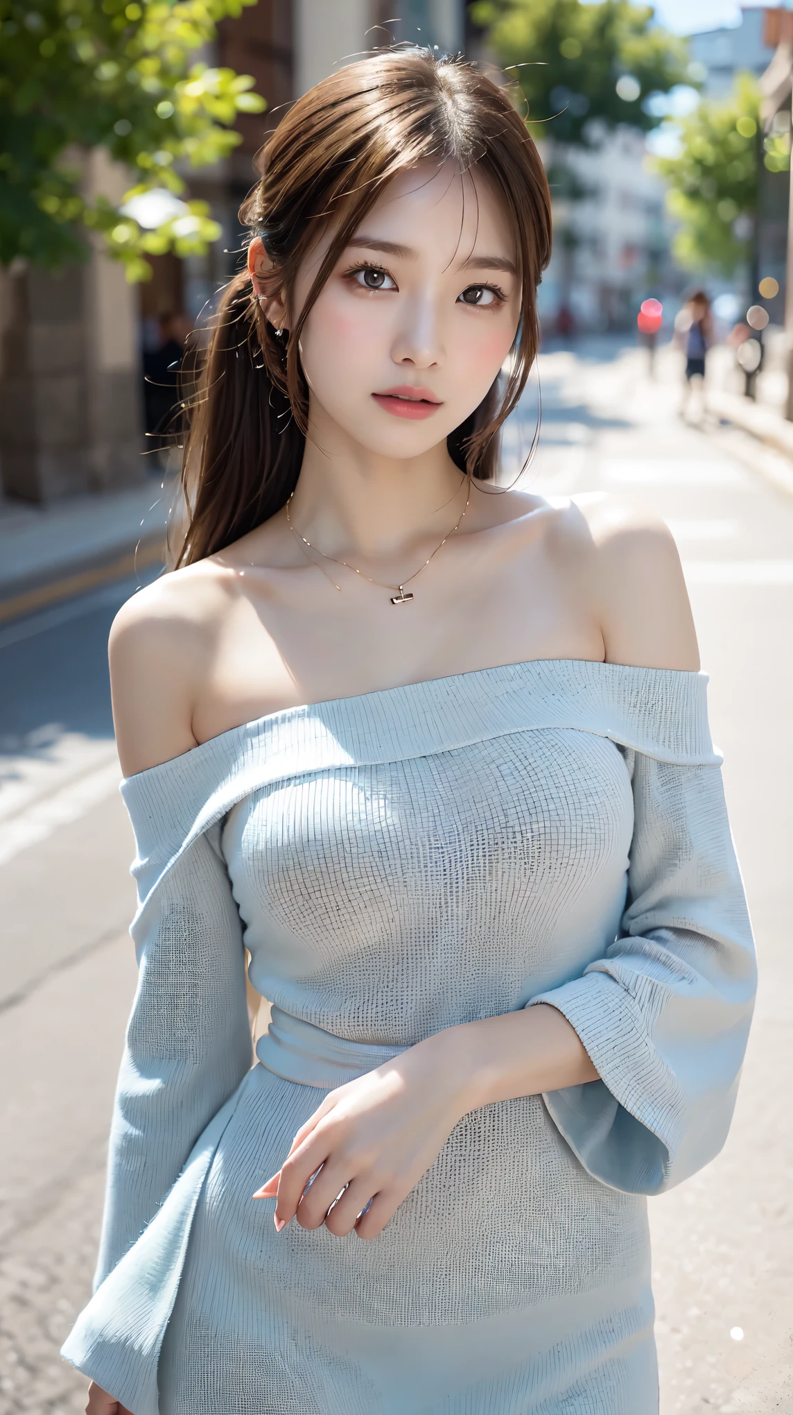 body、Full body Esbian、Slouching、Very small waist、(very big breasts:1.3)、ponytail、plump thighs、natural skin、Extra-fine face、 extra thin hands, Very thin fingers, Best ratio、surreal, ((cute dress、Exposing too much skin、off shoulder、The length is short and the thighs are visible))、cheeks turn red、body covered in 、Cross Necklace、((18 year old female:1.ung adorable japanese face, official art,Highly detailed CG Unity 8K wallpaper,(masterpiece:1.0),(highest quality:1.0), 超A high resolution,4k,Super detailed, photo shoot, 8K, nffsw, High resolution, kodak portrait 400, film grain, lens flare glow,高いest quality,8K,nffsw:1.2),portrait shot,8K、View viewer
