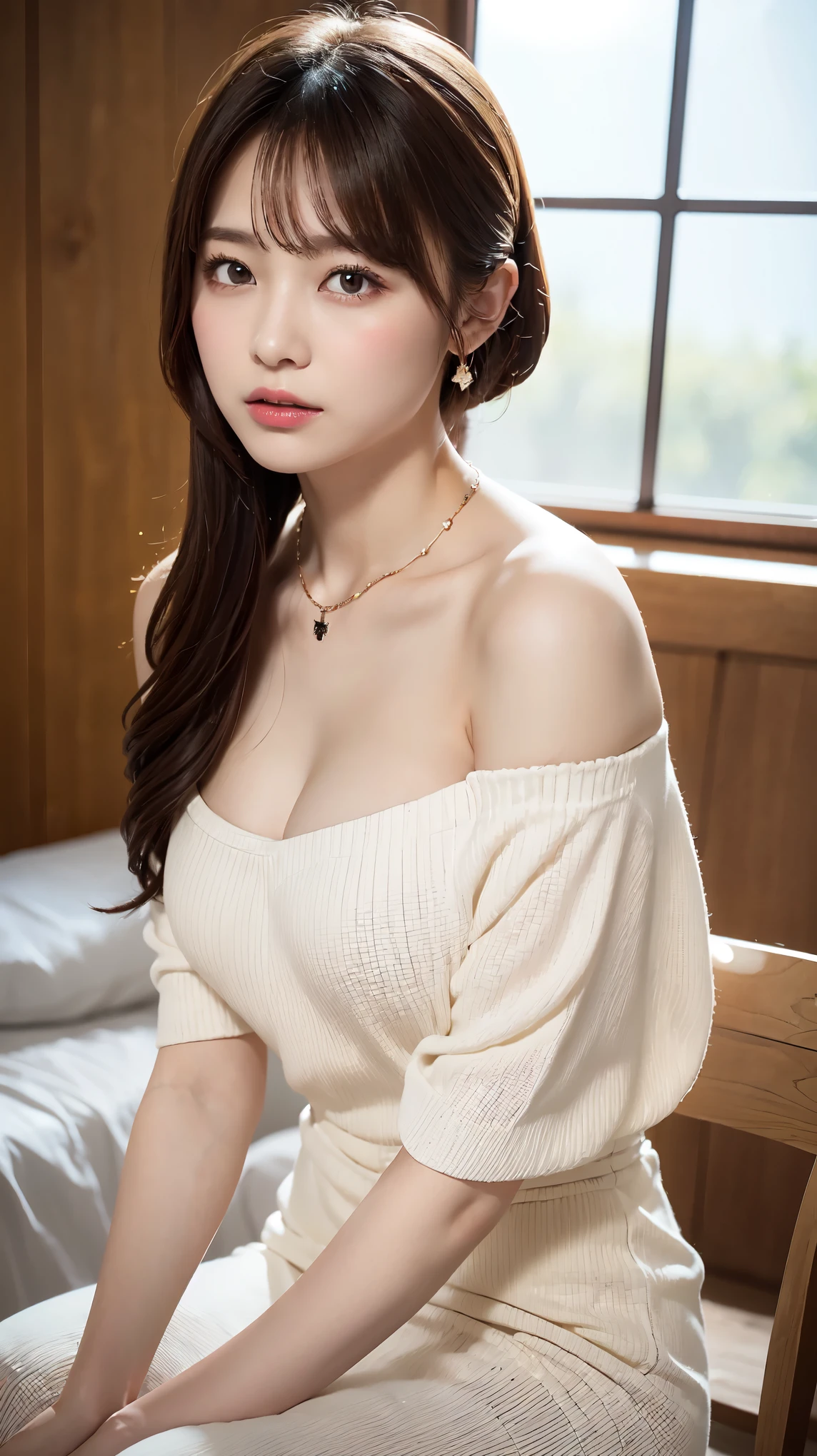 body、Full body Esbian、Slouching、Very small waist、(very big breasts:1.3)、ponytail、plump thighs、natural skin、Extra-fine face、 extra thin hands, Very thin fingers, Best ratio、surreal, ((cute dress、Exposing too much skin、off shoulder、The length is short and the thighs are visible))、cheeks turn red、body covered in 、Cross Necklace、((18 year old female:1.ung adorable japanese face, official art,Highly detailed CG Unity 8K wallpaper,(masterpiece:1.0),(highest quality:1.0), 超A high resolution,4k,Super detailed, photo shoot, 8K, nffsw, High resolution, kodak portrait 400, film grain, lens flare glow,高いest quality,8K,nffsw:1.2),portrait shot,8K、View viewer
